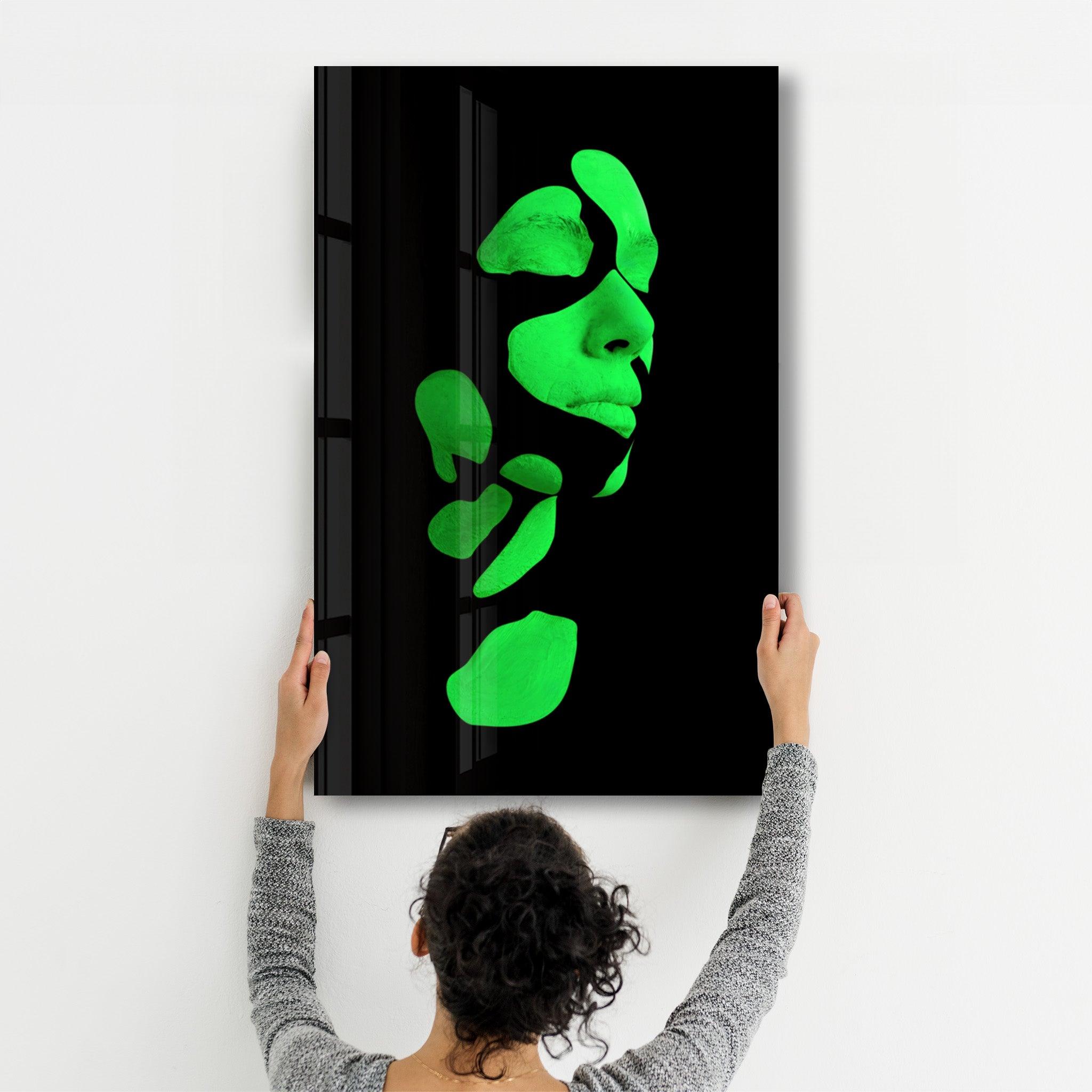 Mysterious Green Face | Glass Wall Art - Artdesigna