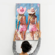 Pink CowGirls On the Beach - Glass Wall Art - Artdesigna