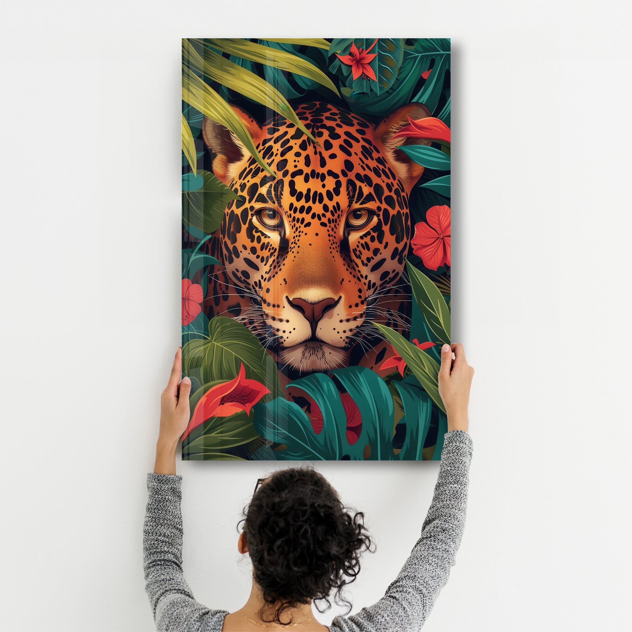 Leopard and Tropical Flowers - Glass Wall Art - Artdesigna