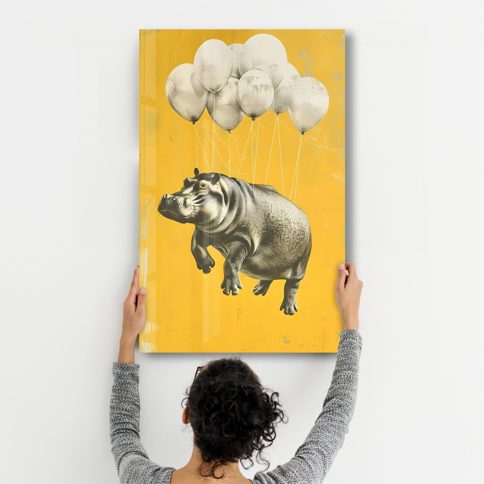 Hippo Rising with Balloons - Glass Wall Art - Artdesigna