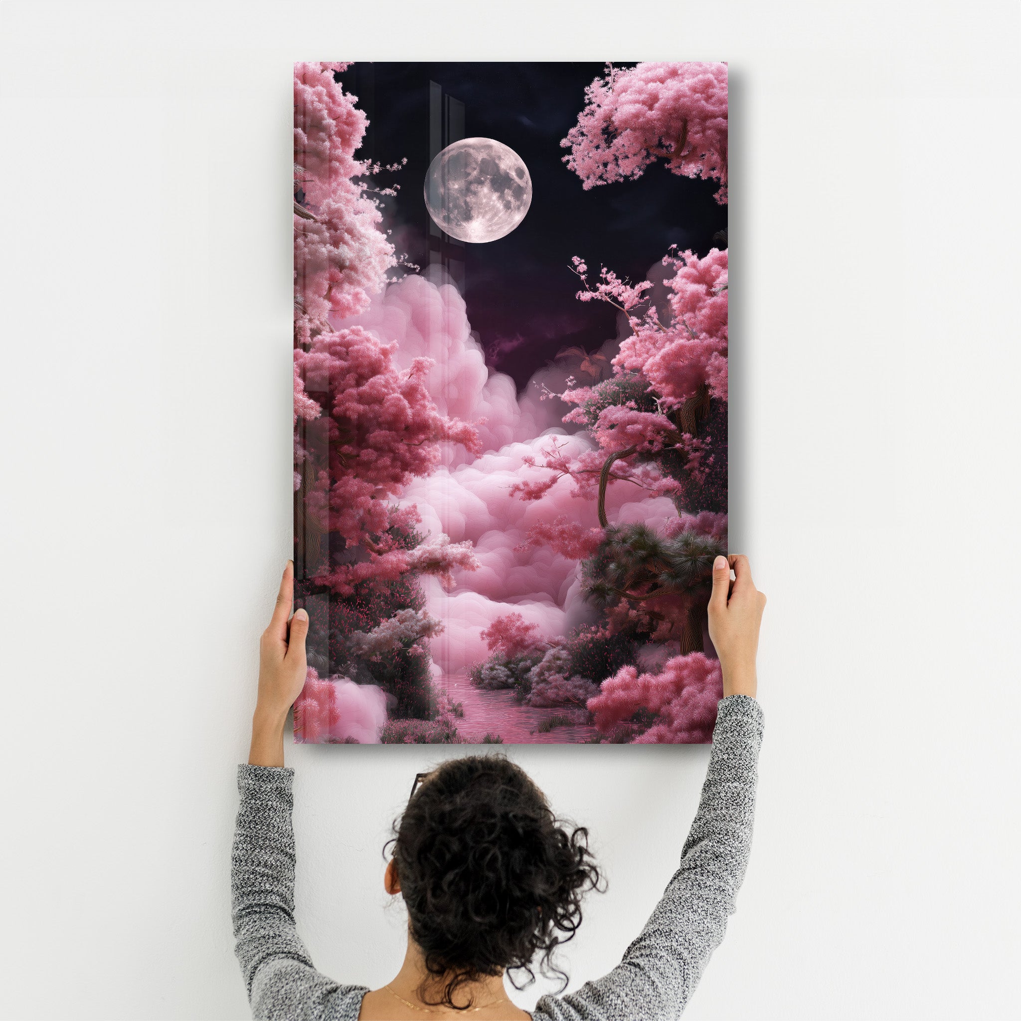 Moon is Rising over Pink Clouds | Glass Wall Art