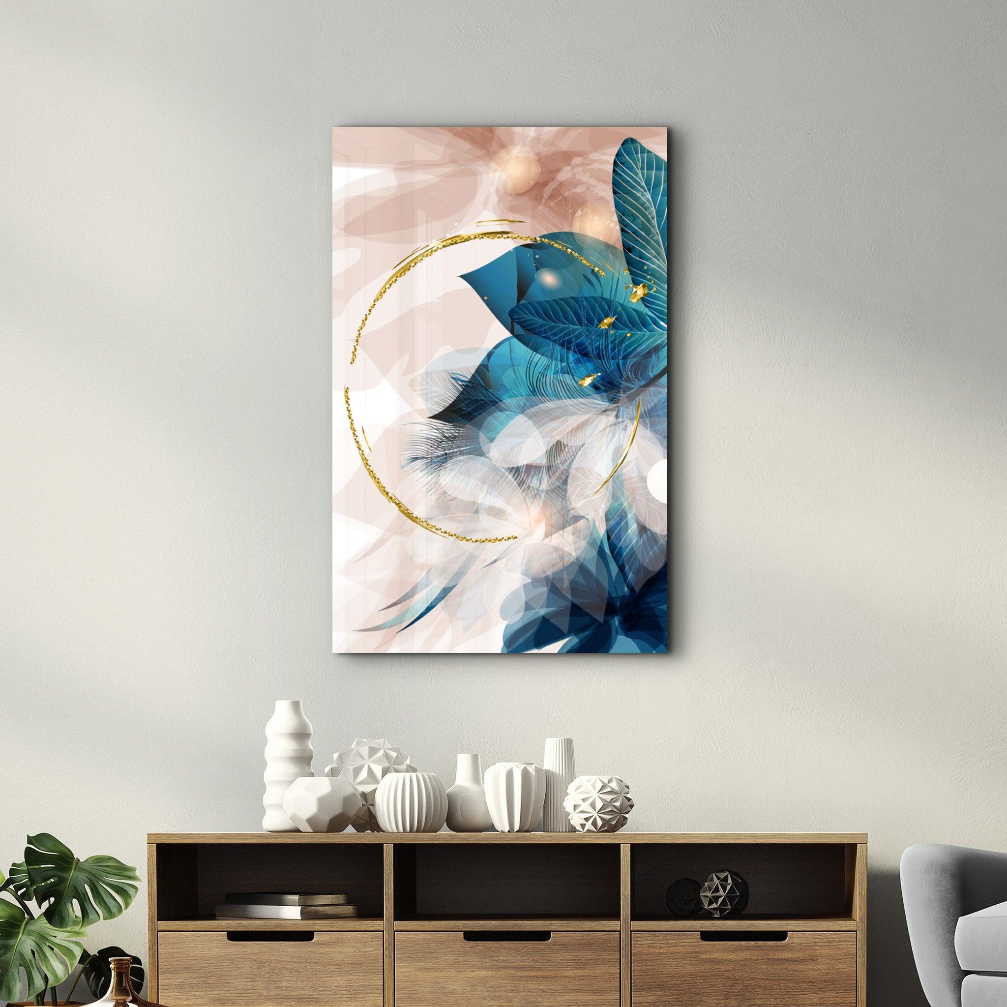 Abstract Blue Leaves | Glass Wall Art - Artdesigna