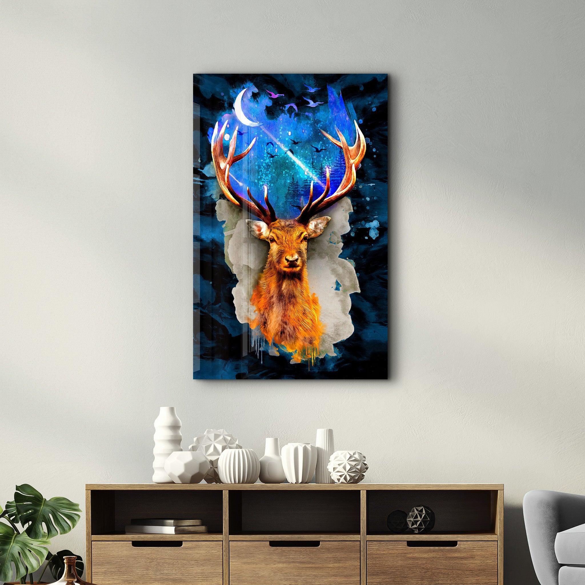 Deer & Moon | Glass Wall Art - Artdesigna