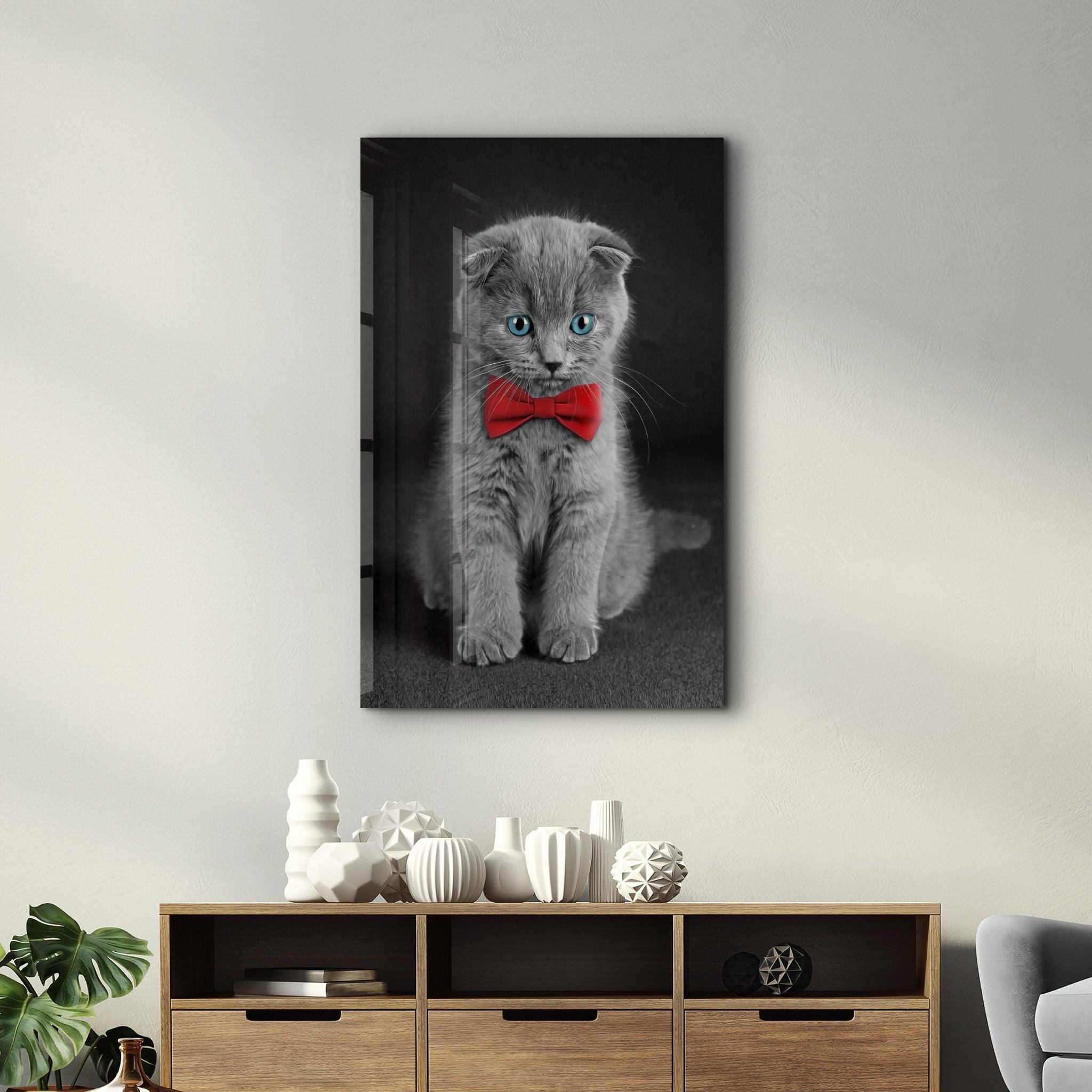 Cat with Bow Tie | Glass Wall Art - Artdesigna