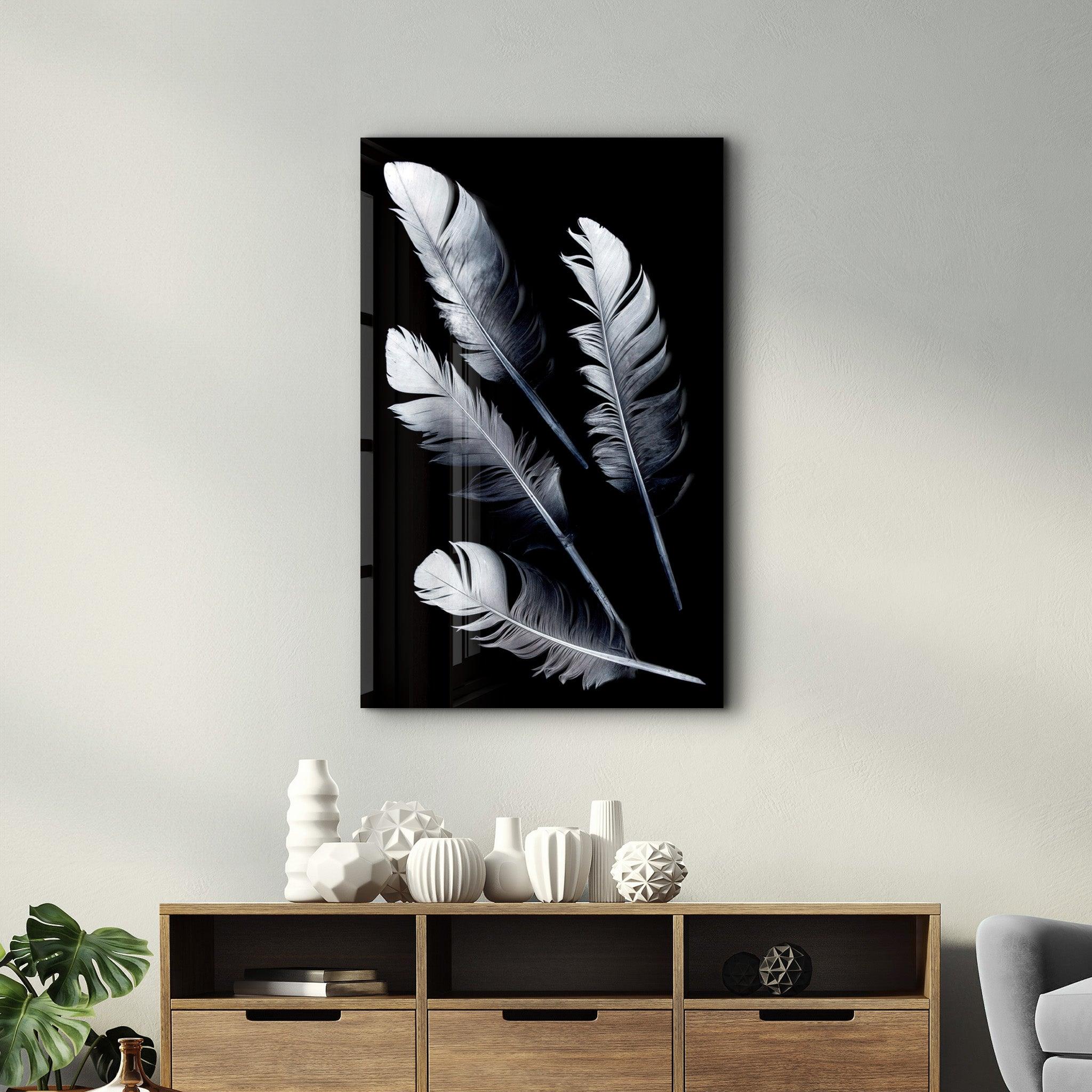 White Feathers | Glass Wall Art - Artdesigna