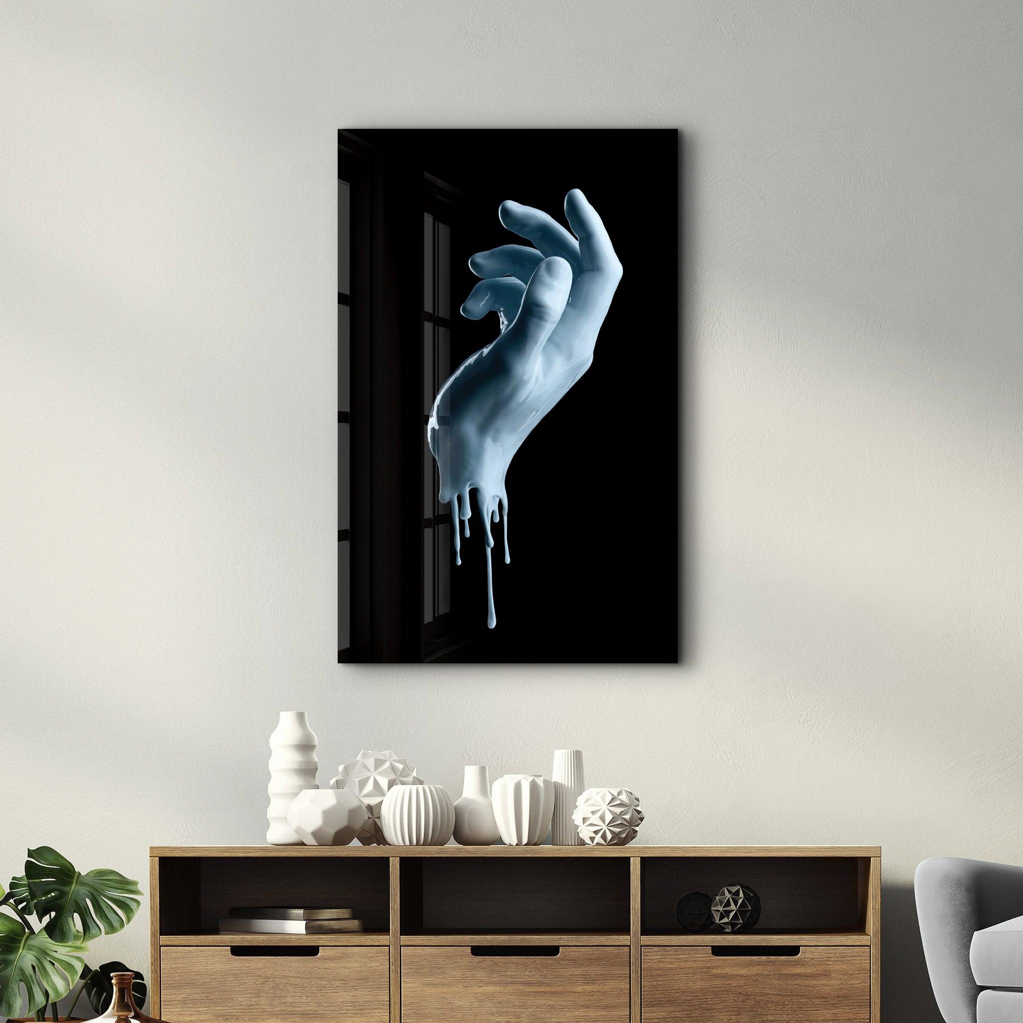 Blue Hand | Glass Wall Art - Artdesigna