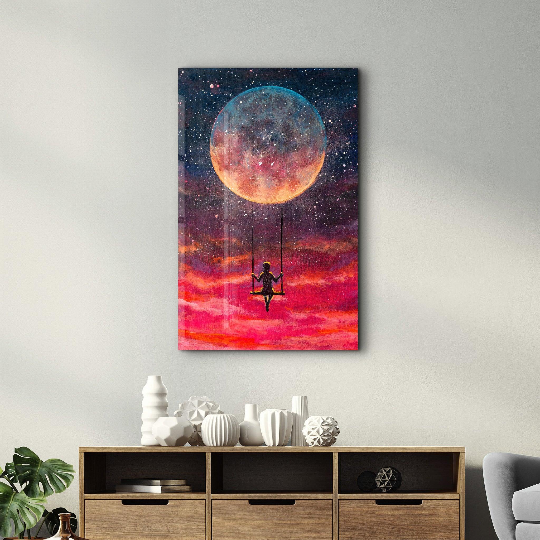 Girl Swinging Under The Moon | Glass Wall Art - Artdesigna