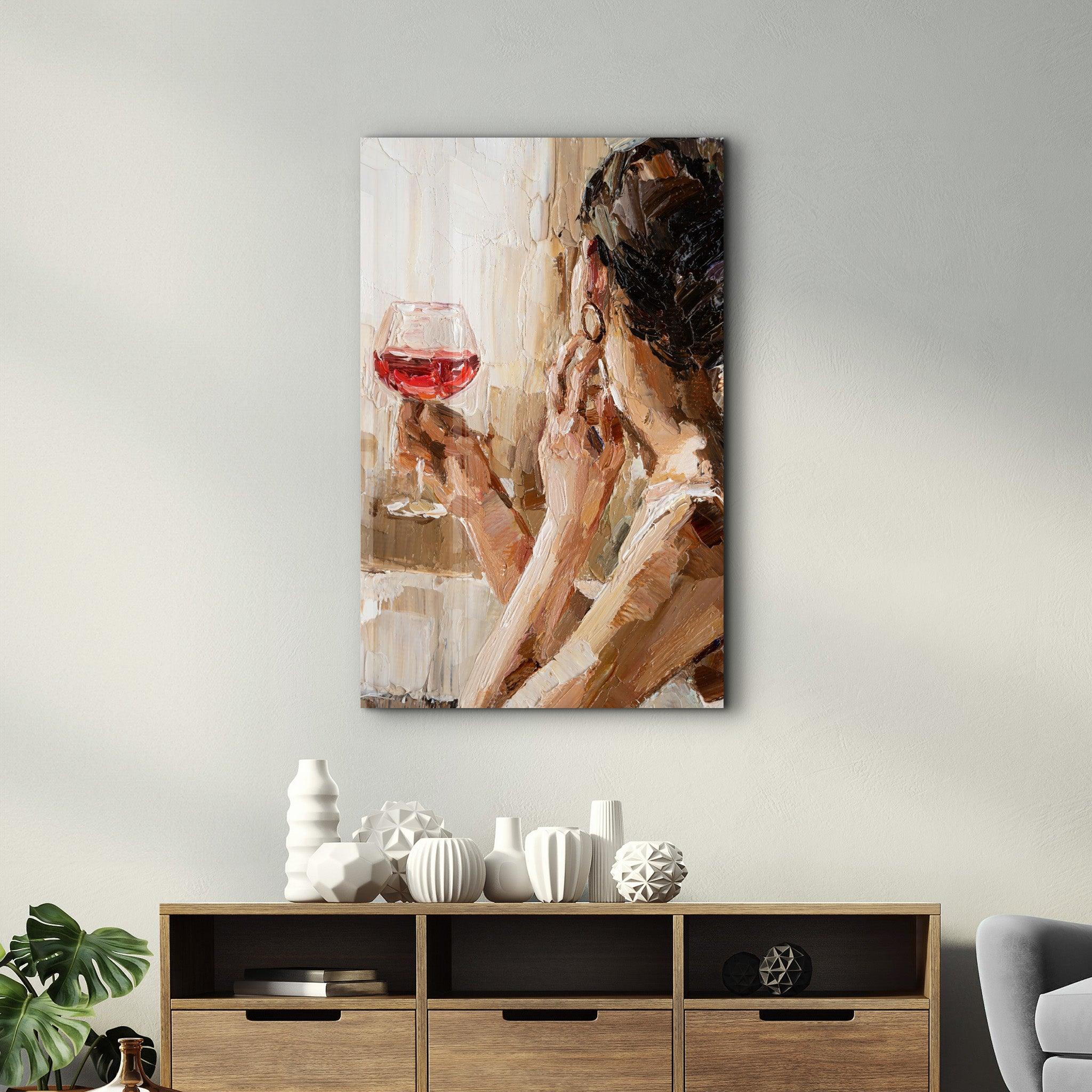 Abstract Woman Potrait With Wine | GLASS WALL ART - Artdesigna