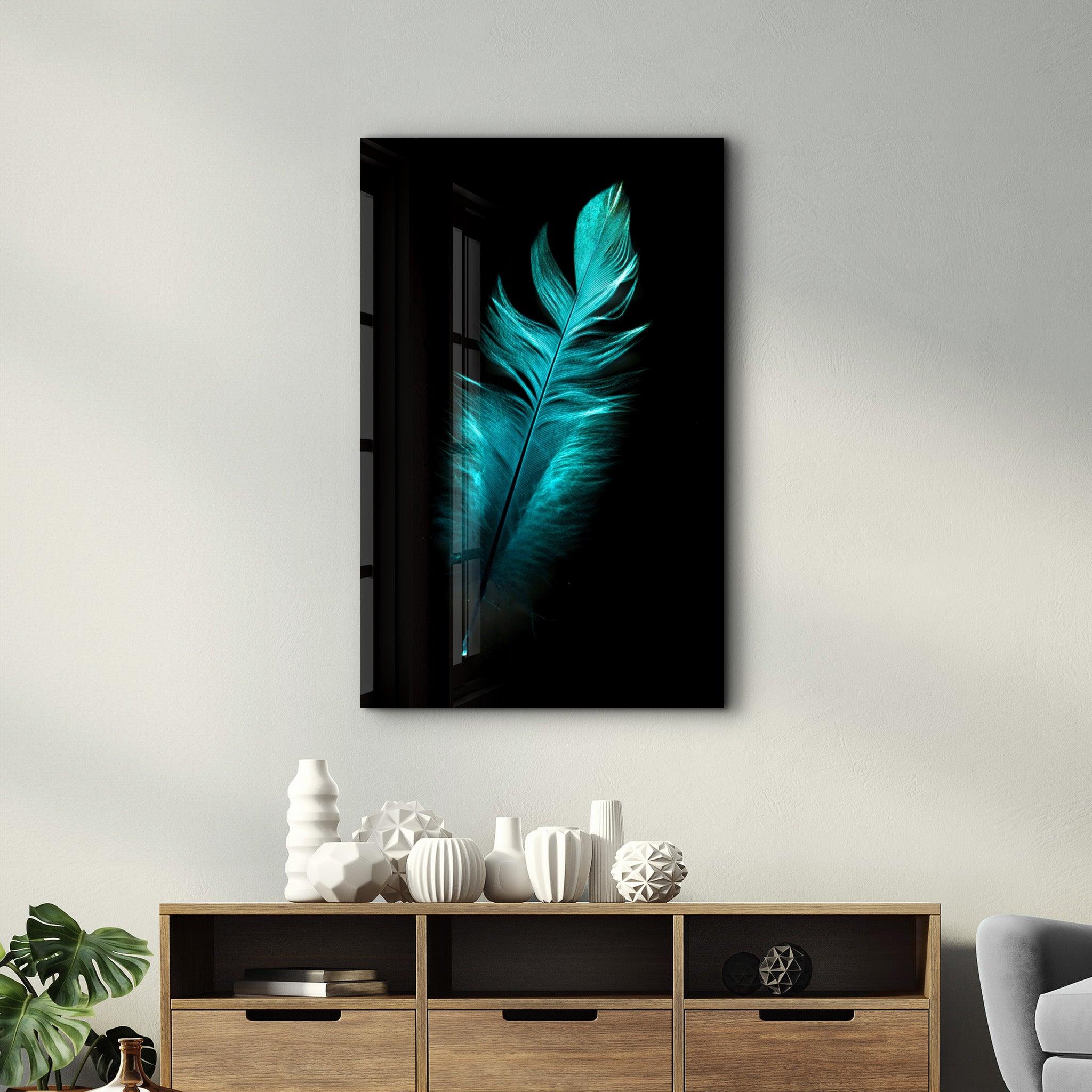 Green Feather | Glass Wall Art - Artdesigna