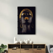 Golden Lips Woman Portrait V2 | Glass Wall Art - Artdesigna