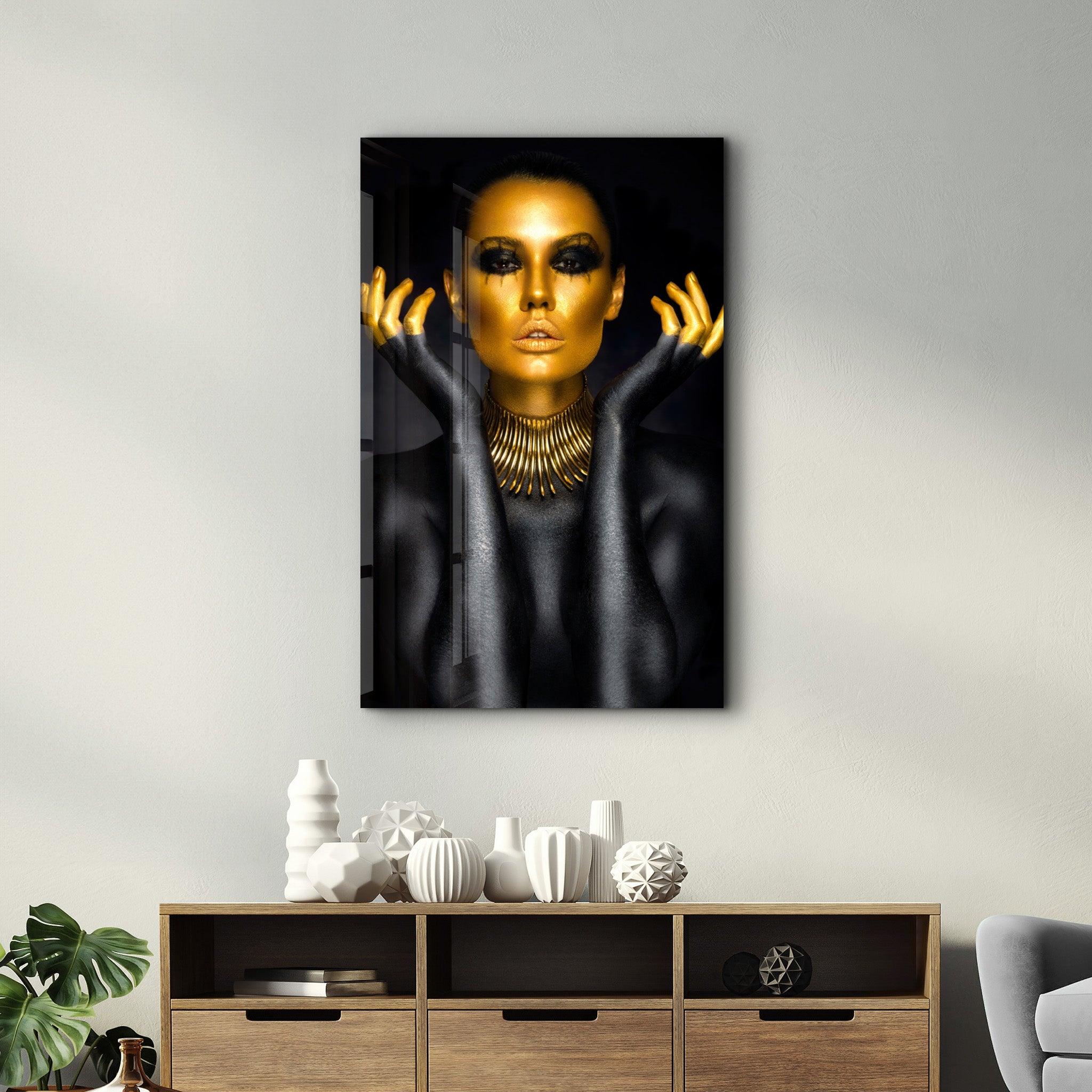 Golden Face and Fingers | Glass Wall Art - Artdesigna