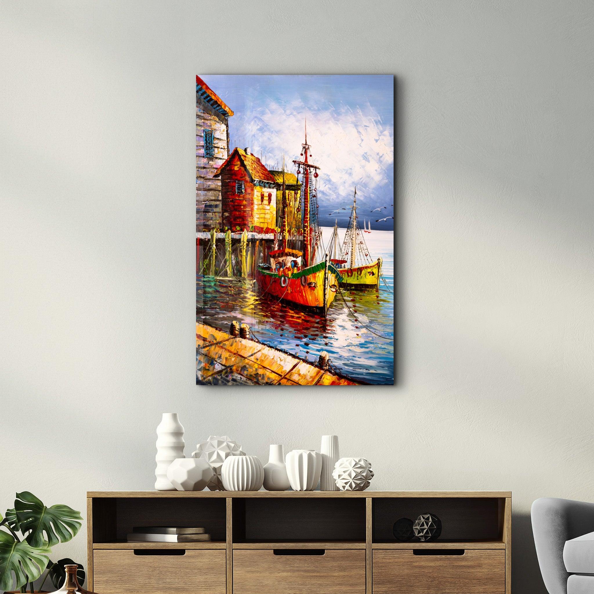 Boats and Houses | Glass Wall Art - Artdesigna