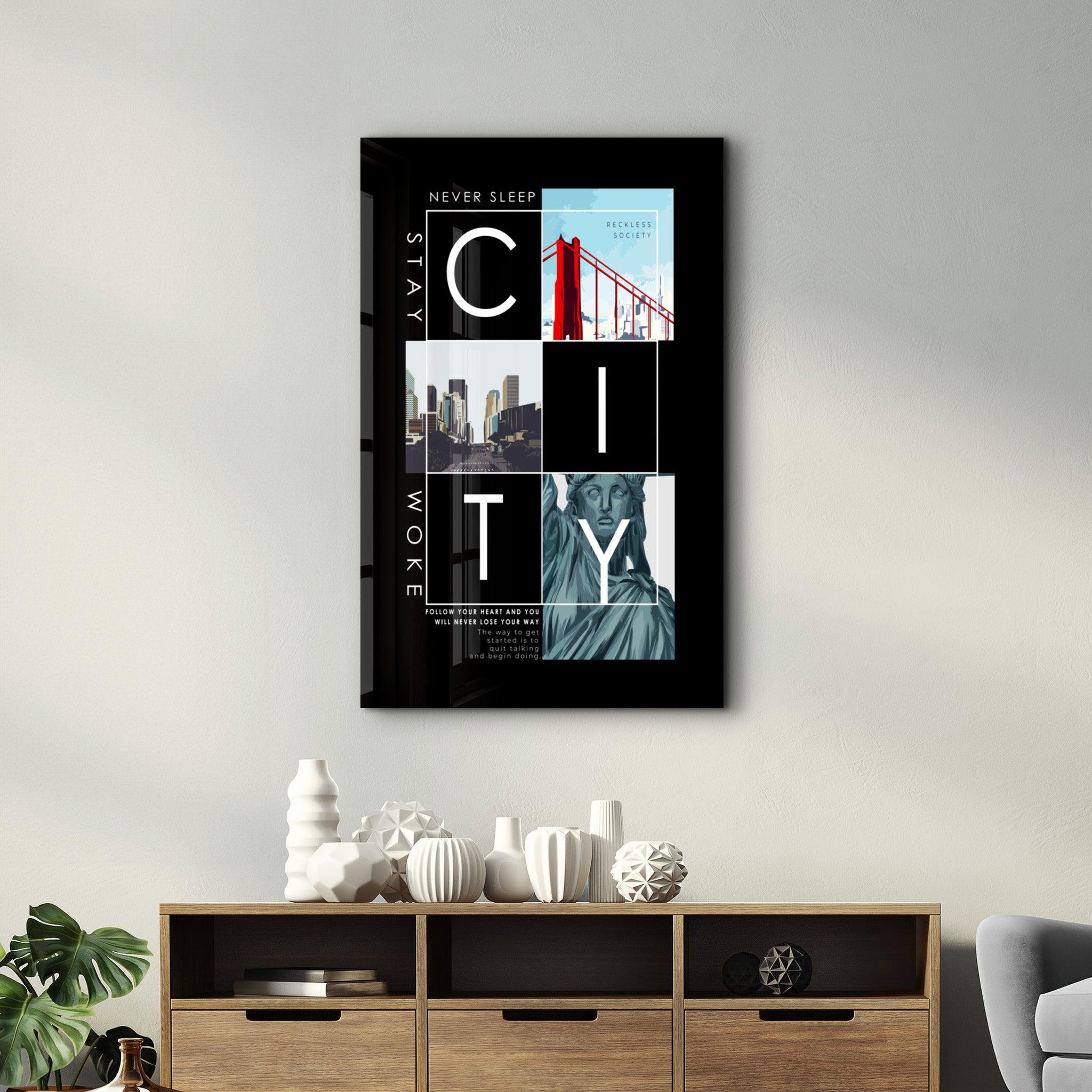 City - Never Sleep | Glass Wall Art - Artdesigna