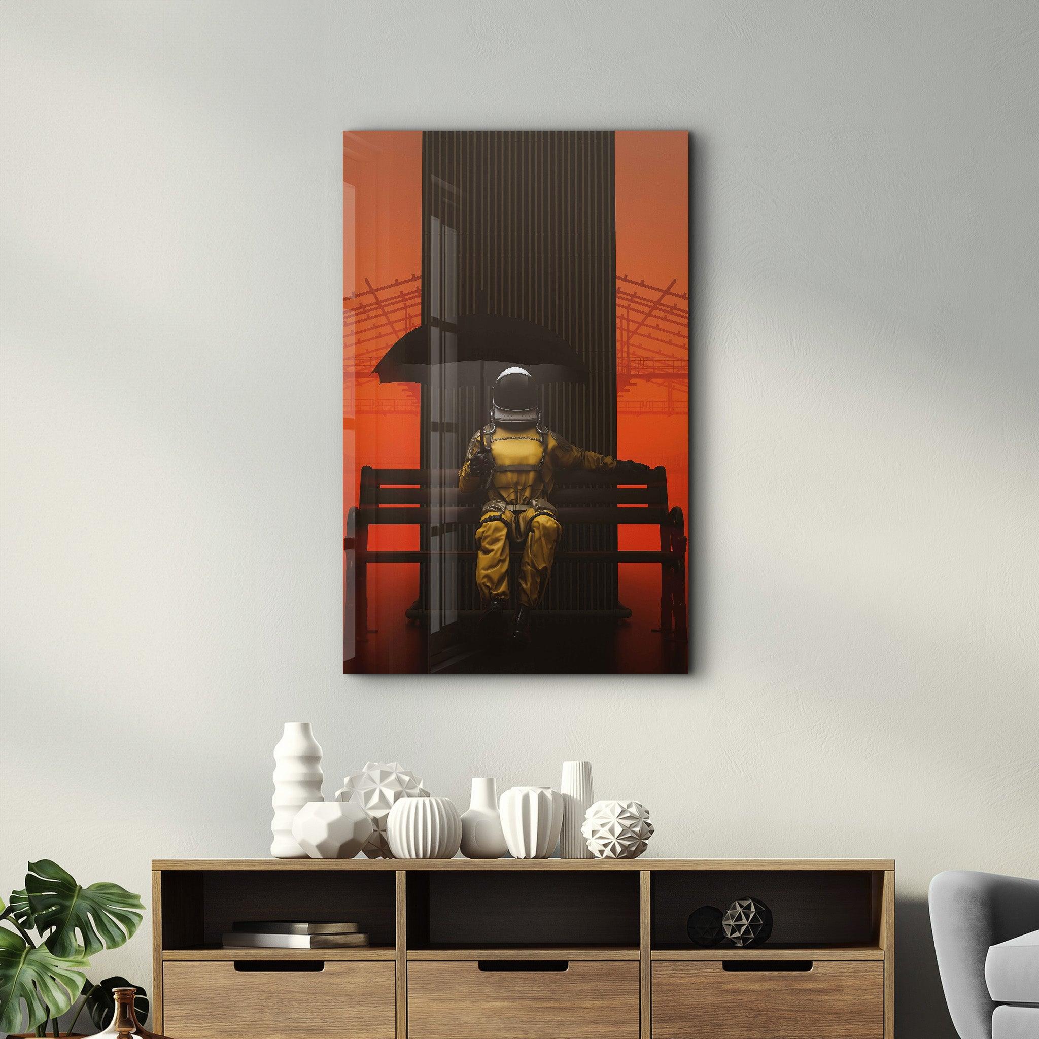 Astronaut on the Bench | Designer's Collection Glass Wall Art - Artdesigna