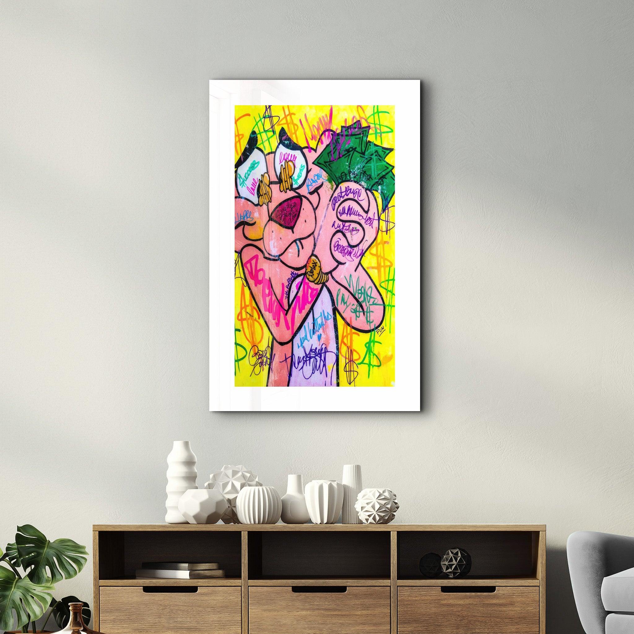 Pink Panther - Retro Painting | Contemporary Collection Glass Wall Art - Artdesigna