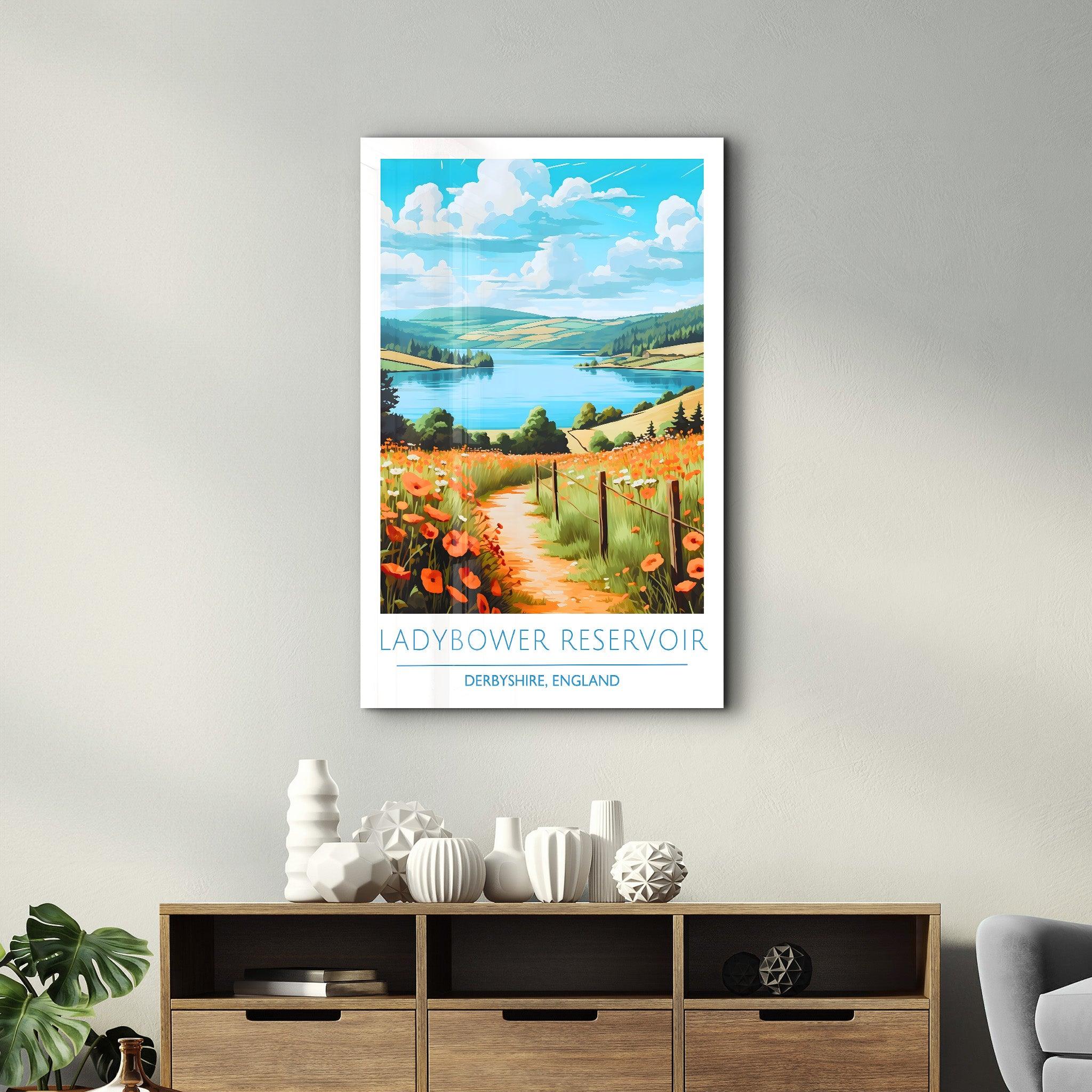 Ladybower Reservoir-Derbyshire England-Travel Posters | Glass Wall Art - Artdesigna