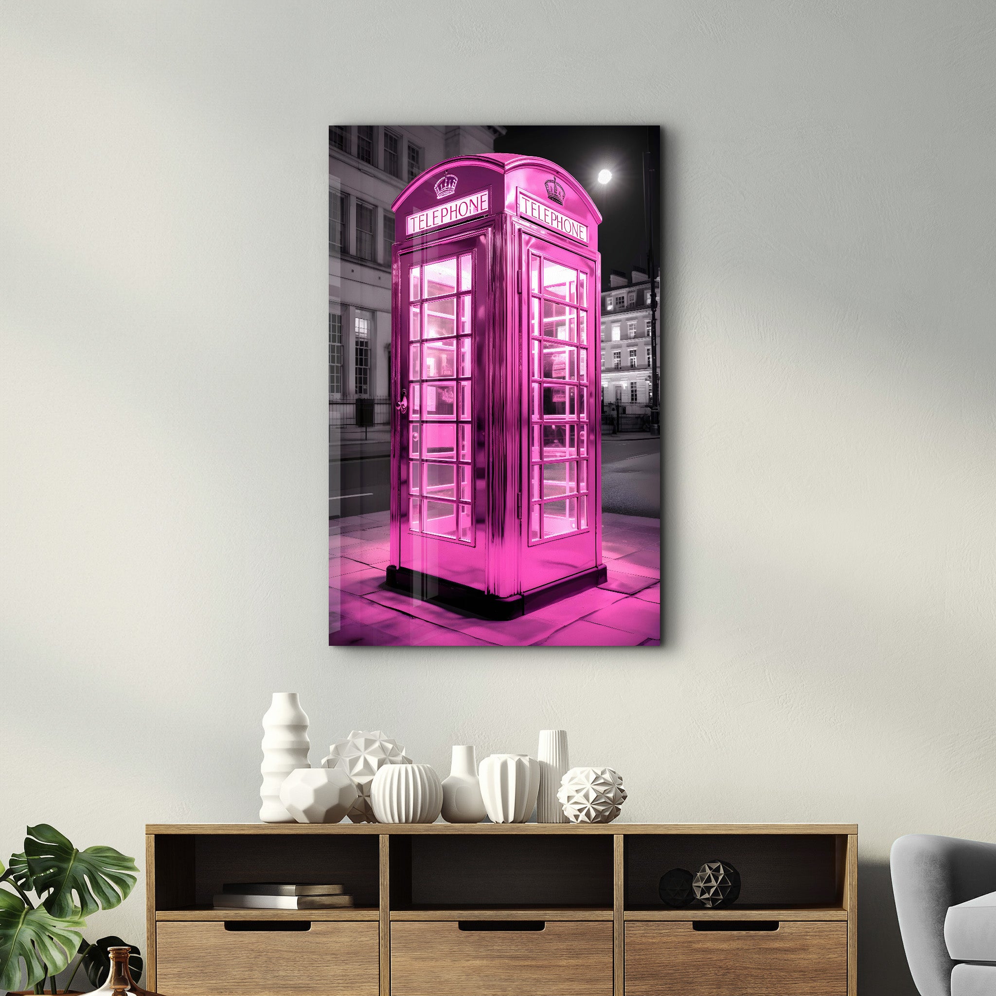 Pink Retro Telephone Booth - Glass Wall Art - Artdesigna