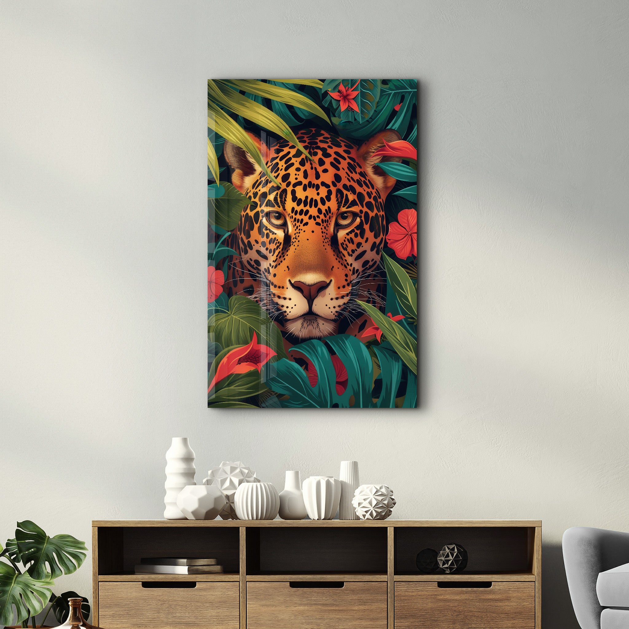 Leopard and Tropical Flowers - Glass Wall Art - Artdesigna