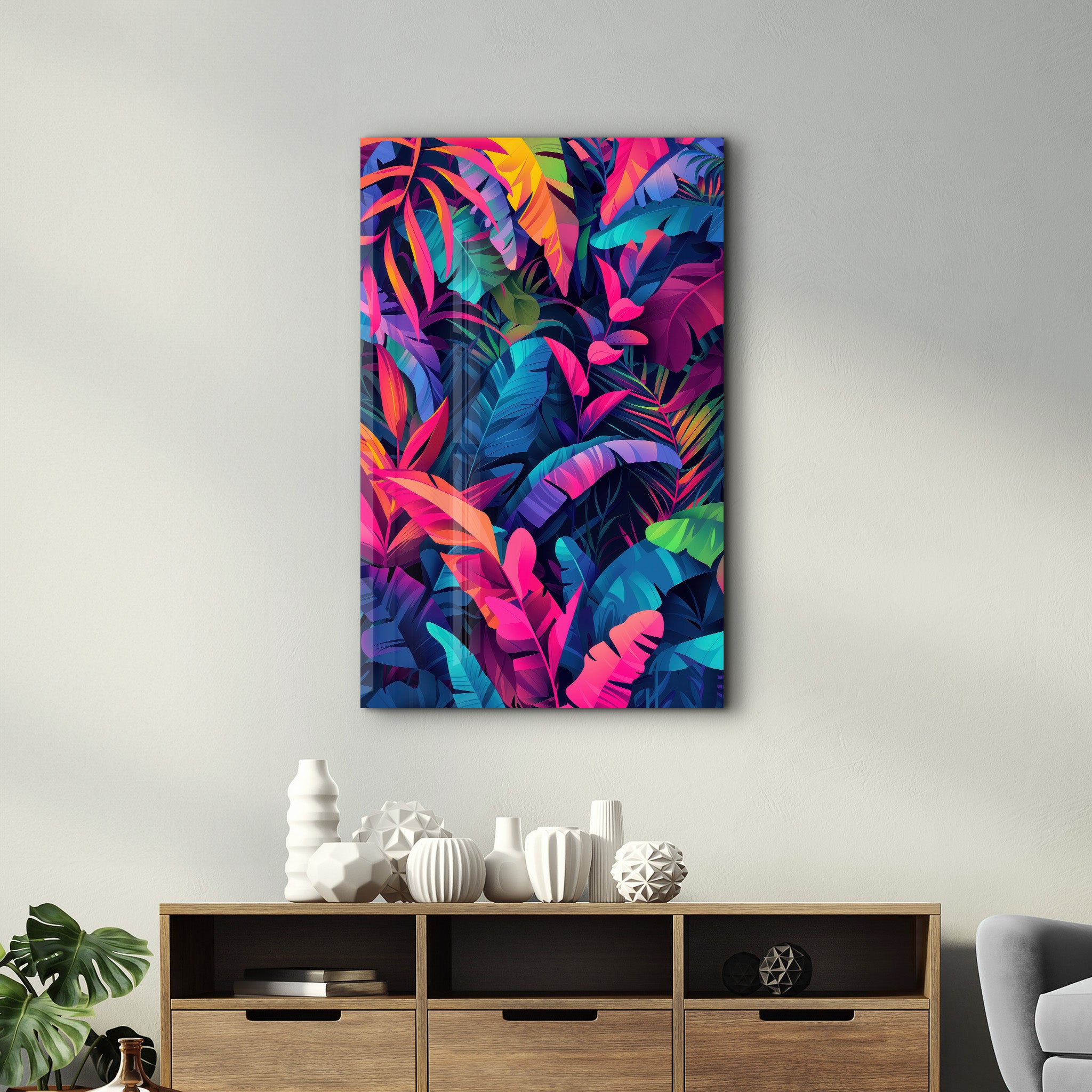 Colorful Tropical Leaves - Glass Wall Art - Artdesigna