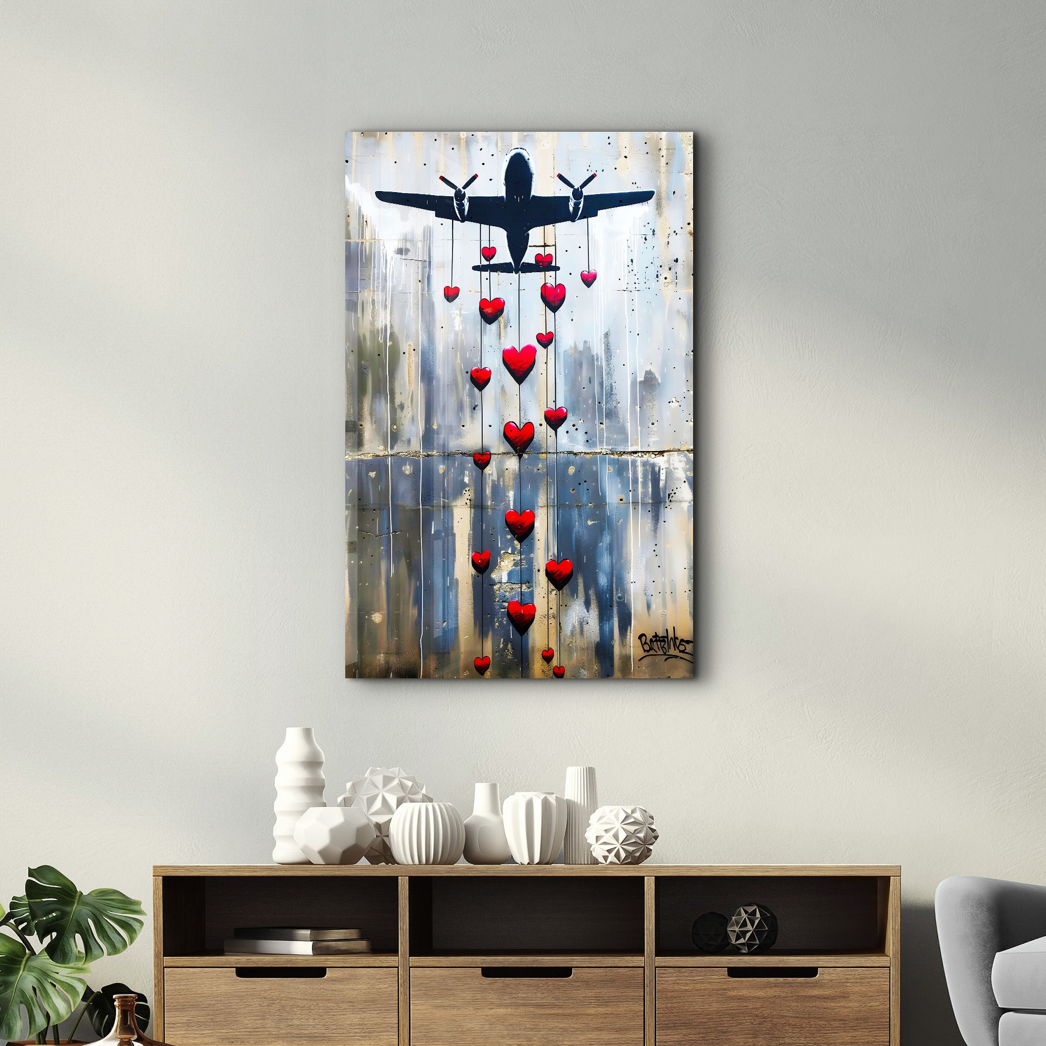 Love Bombing Banksy Style - Glass Wall Art - Artdesigna