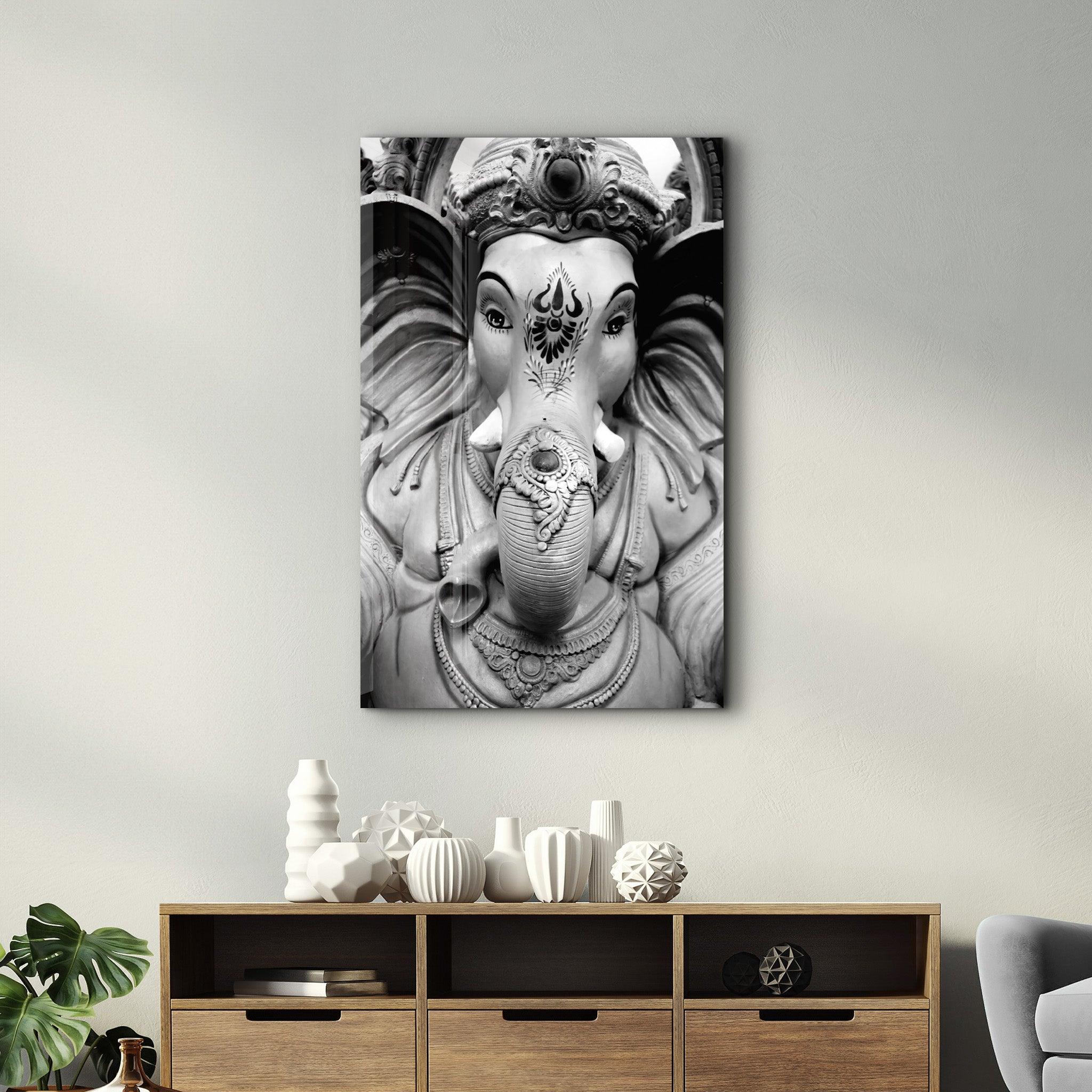 Lord Ganesh B&W Sculpture | Glass Wall Art - Artdesigna