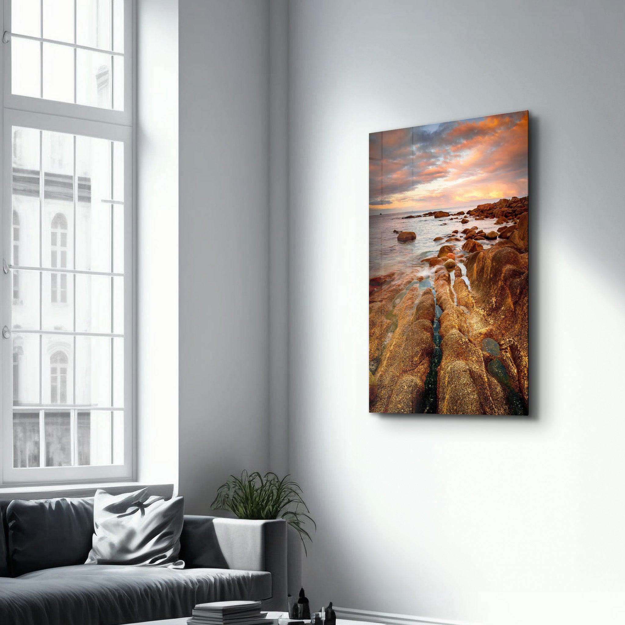 Golden Rocks and Sunset | Glass Wall Art - Artdesigna