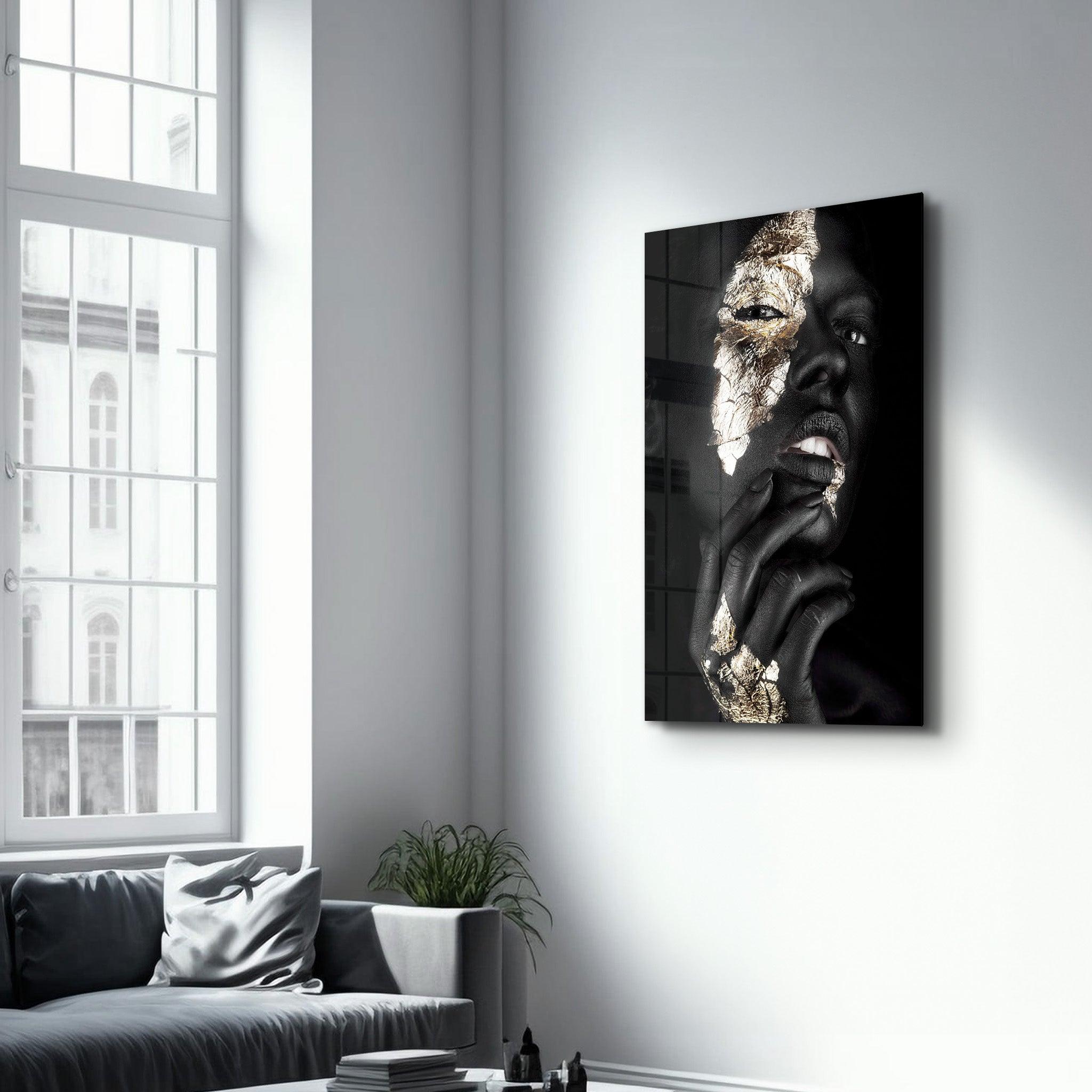 Golden Face Woman Portrait | Glass Wall Art - Artdesigna