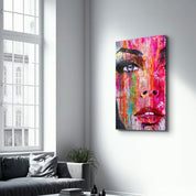 Colorful Woman Face | Glass Wall Art - Artdesigna