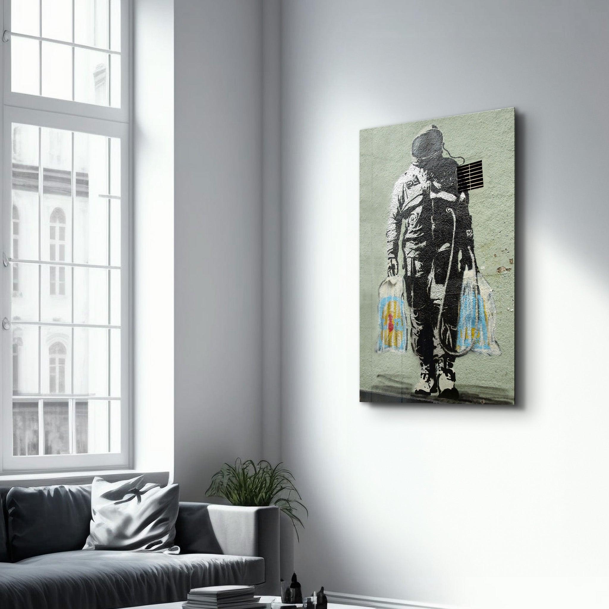 Banksy - Shopper Spaceman | Glass Wall Art - Artdesigna