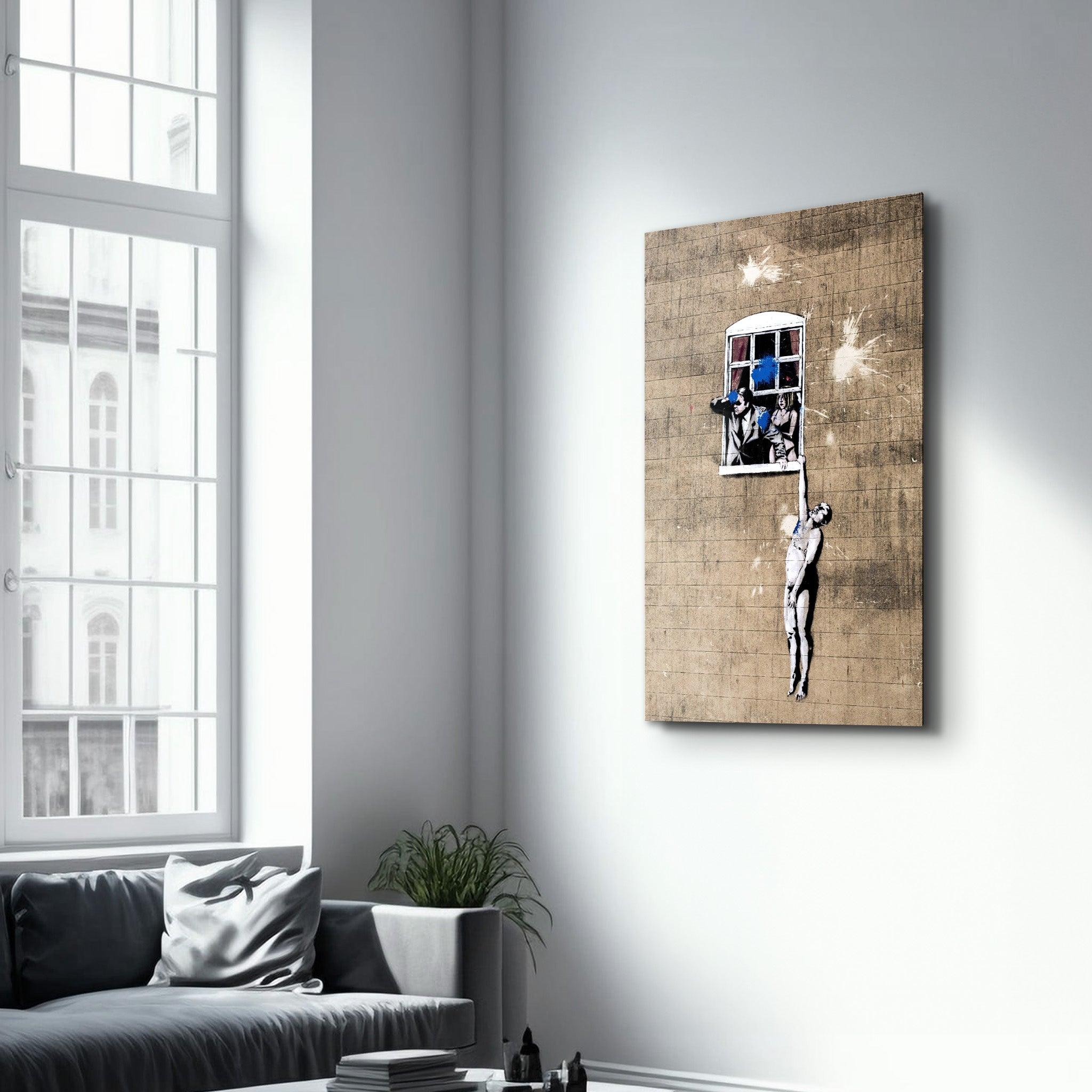 Banksy - Man hanging from a window | Glass Wall Art - Artdesigna