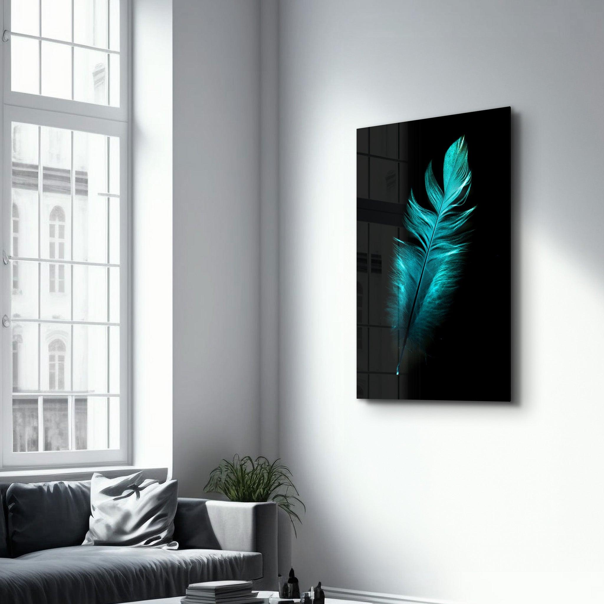 Green Feather | Glass Wall Art - Artdesigna