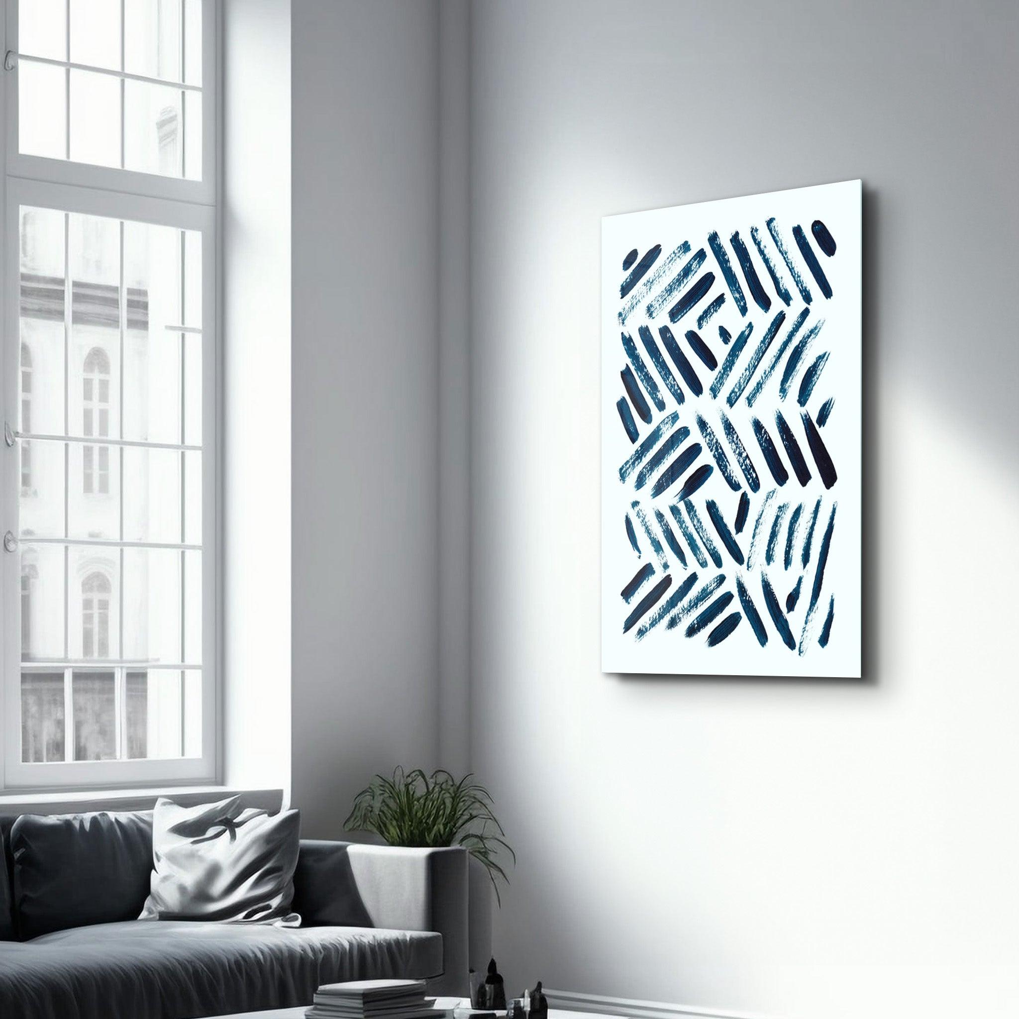 Blue Brush Marks | Glass Wall Art - Artdesigna