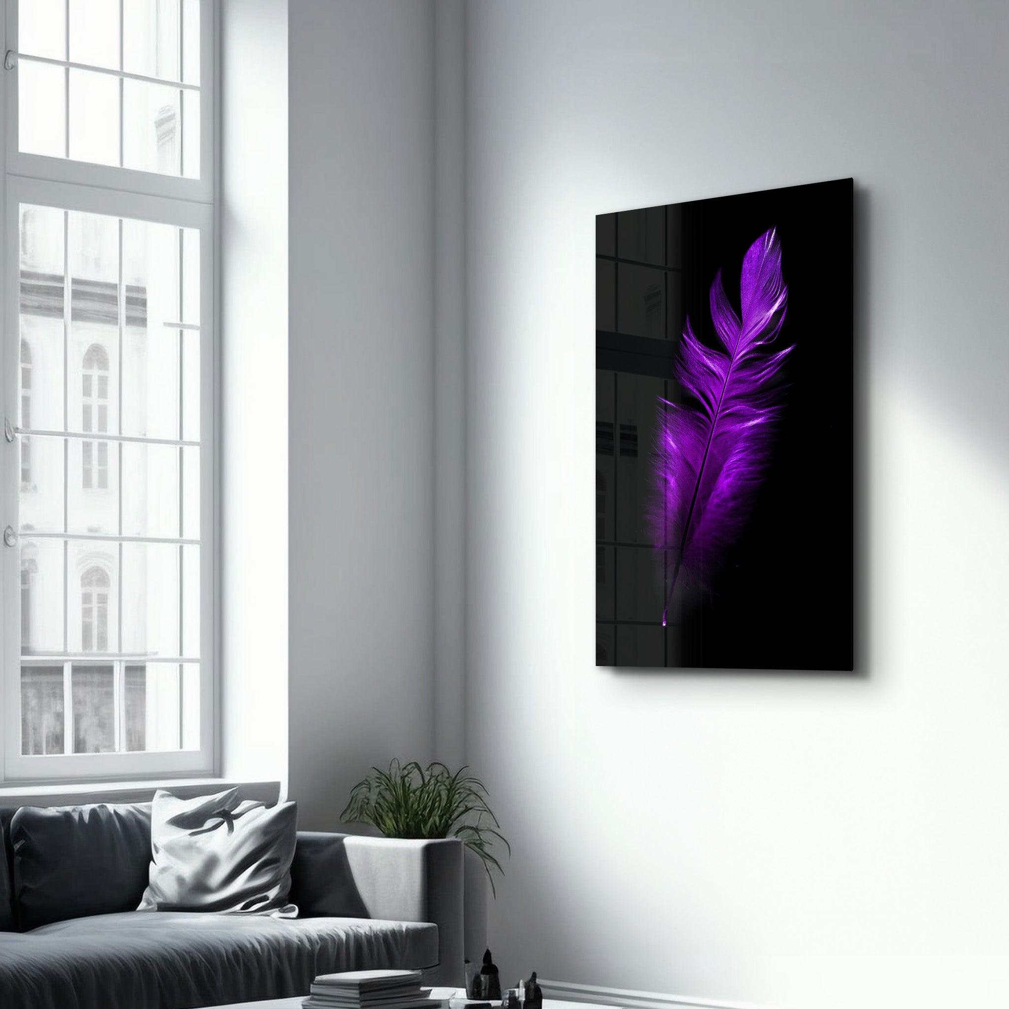 Purple Feather | Glass Wall Art - Artdesigna