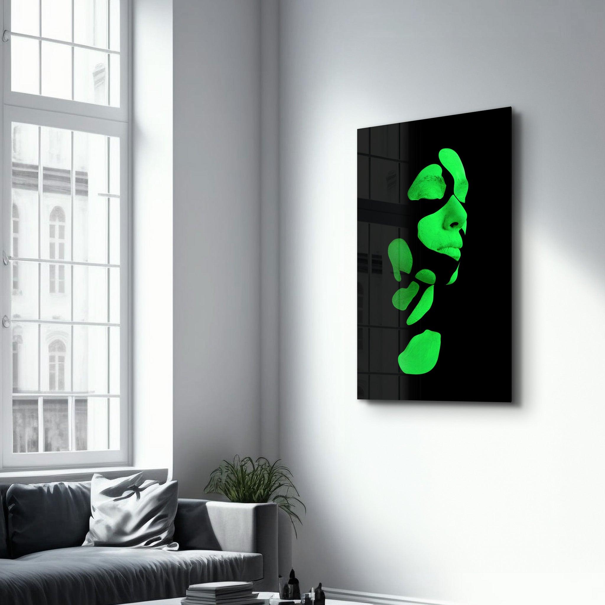 Mysterious Green Face | Glass Wall Art - Artdesigna