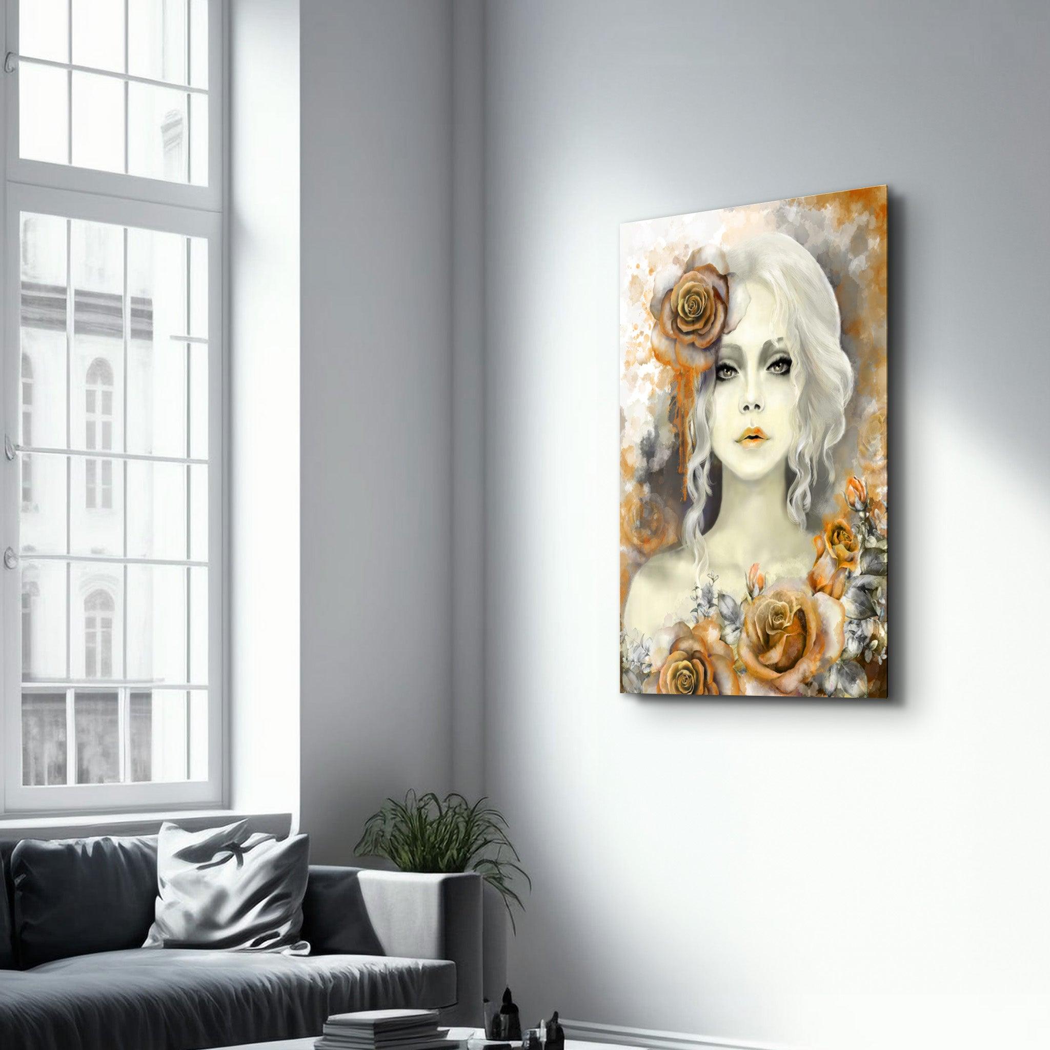 Silent Rose Woman Portrait | Glass Wall Art - Artdesigna