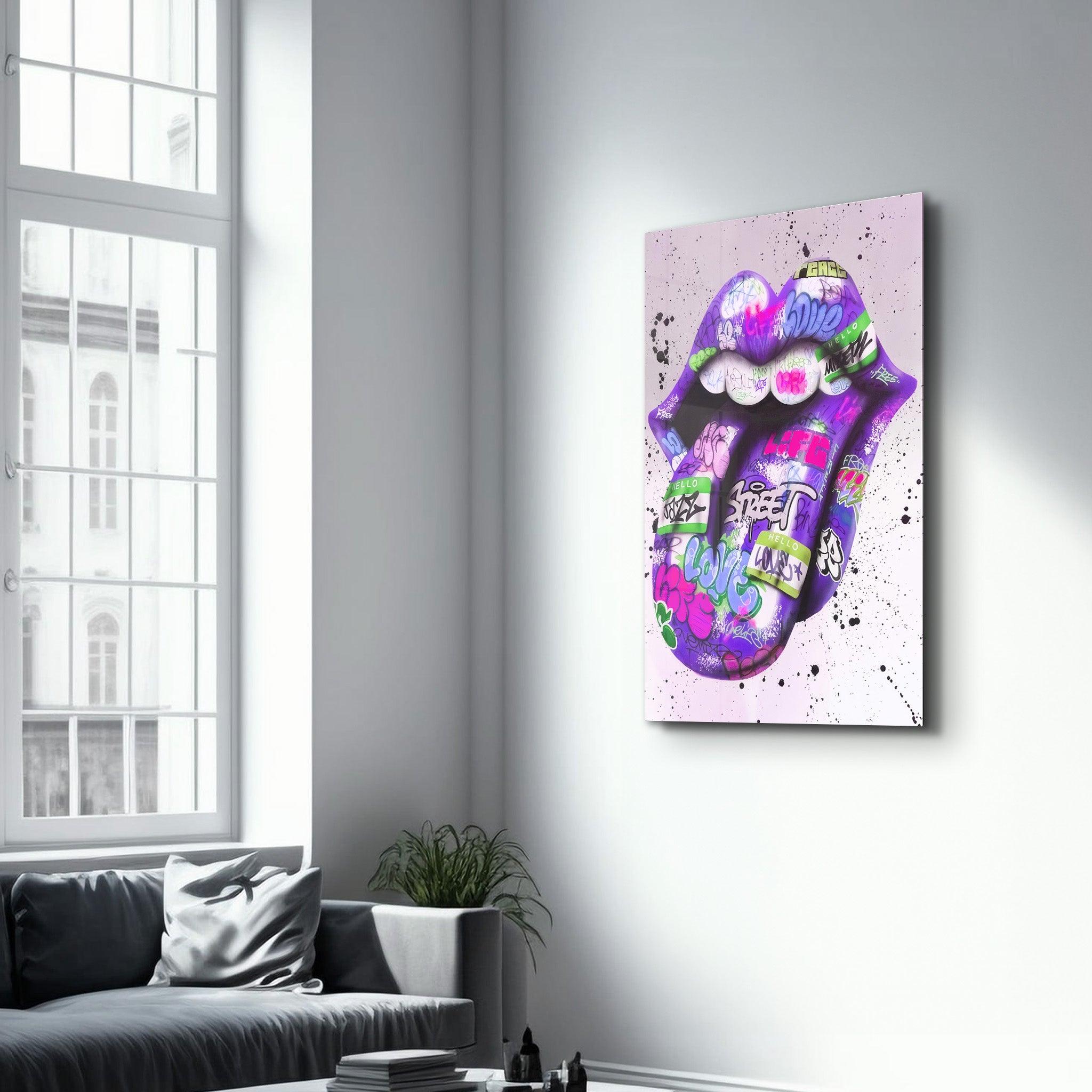 Tongue - Purple | Designer's Collection Glass Wall Art - Artdesigna