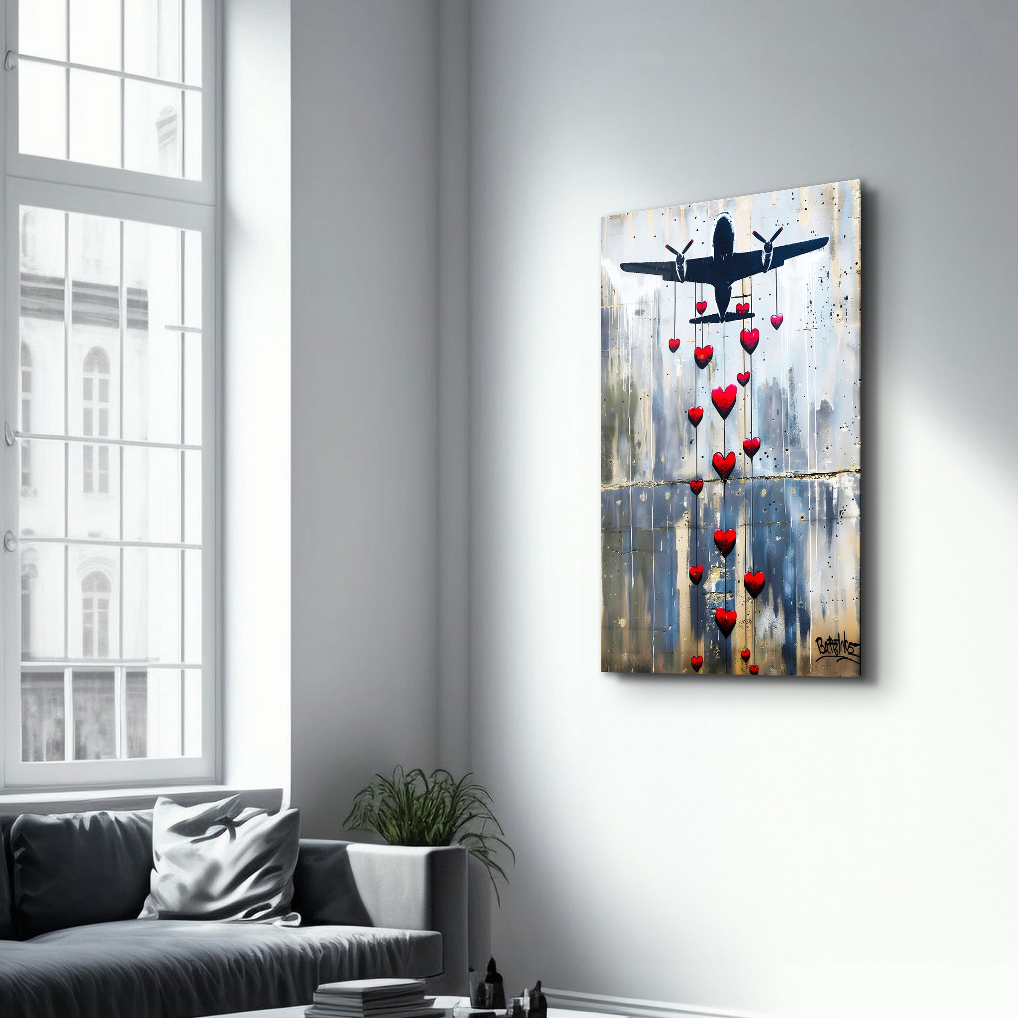 Love Bombing Banksy Style - Glass Wall Art - Artdesigna