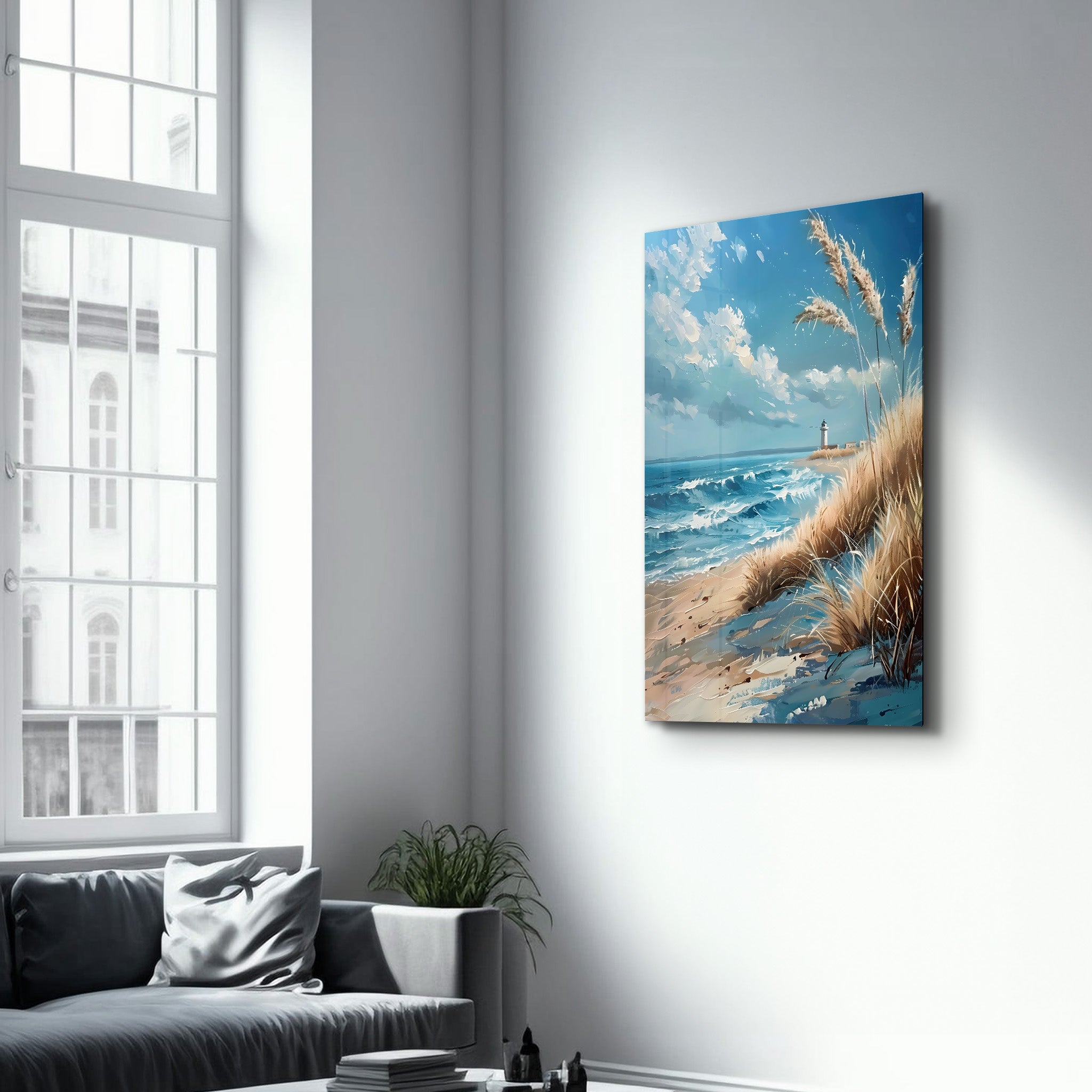 Lighthouse and Beach Oil Painting - Glass Wall Art - Artdesigna