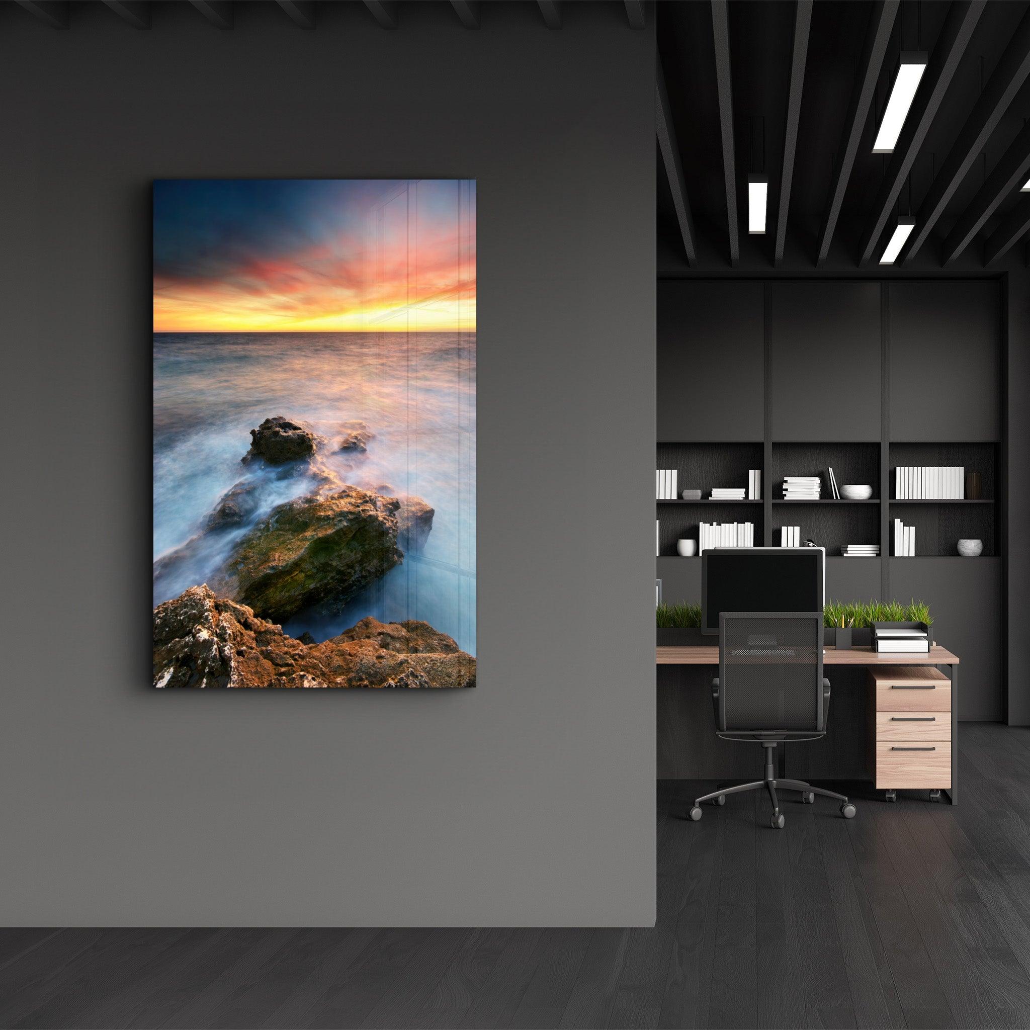 Sunset and Rocks | Glass Wall Art - Artdesigna