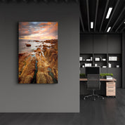 Golden Rocks and Sunset | Glass Wall Art - Artdesigna