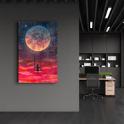 Girl Swinging Under The Moon | Glass Wall Art - Artdesigna