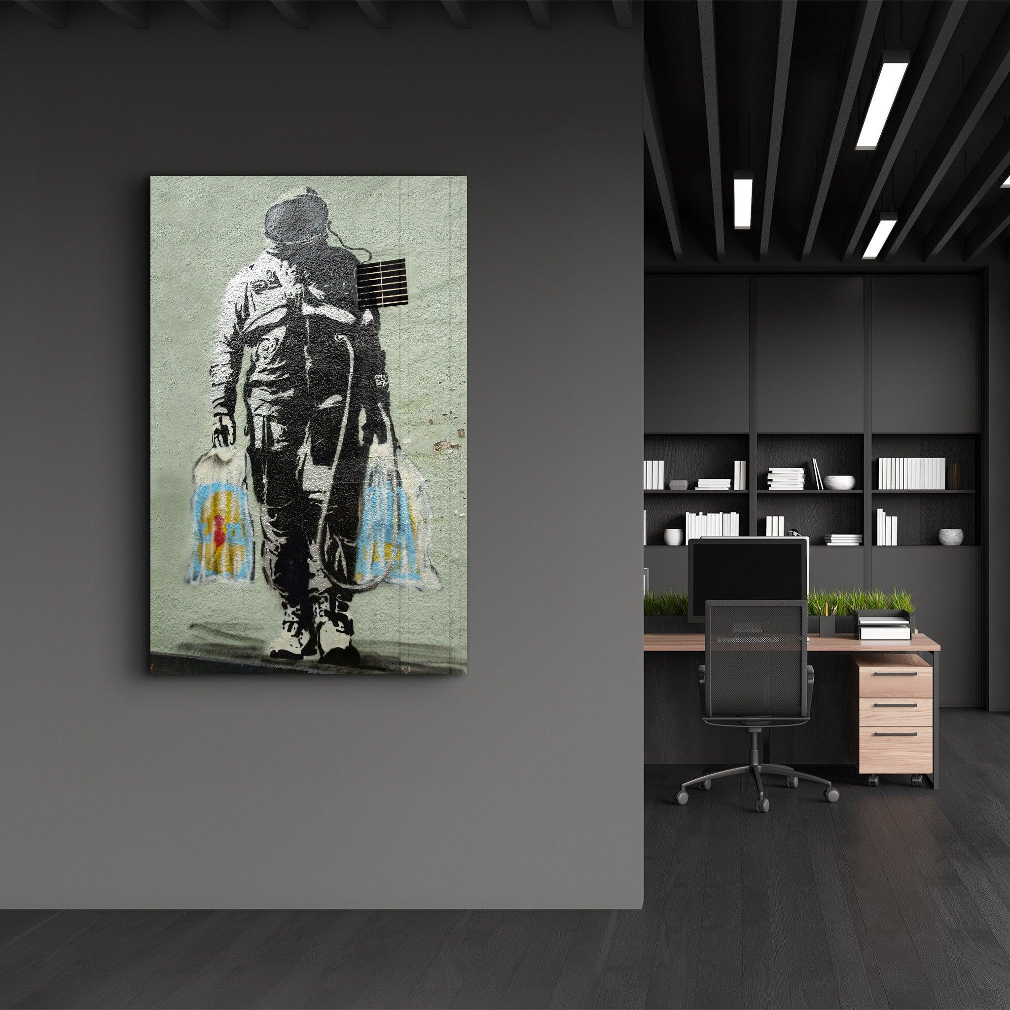 Banksy - Shopper Spaceman | Glass Wall Art - Artdesigna