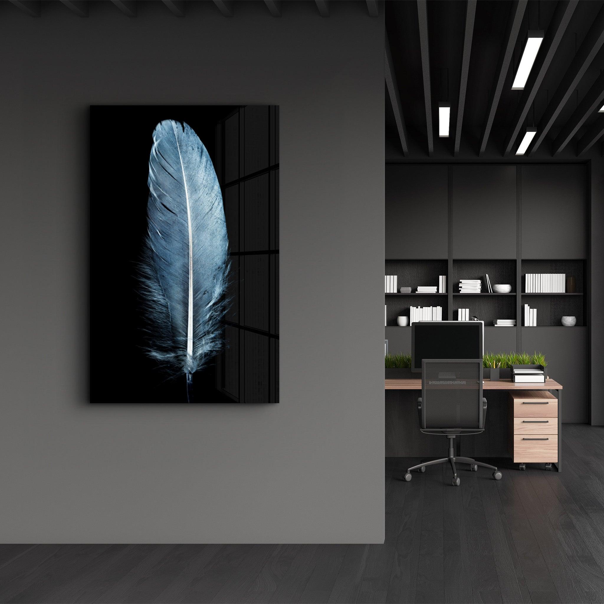 Blue Feather | Glass Wall Art - Artdesigna