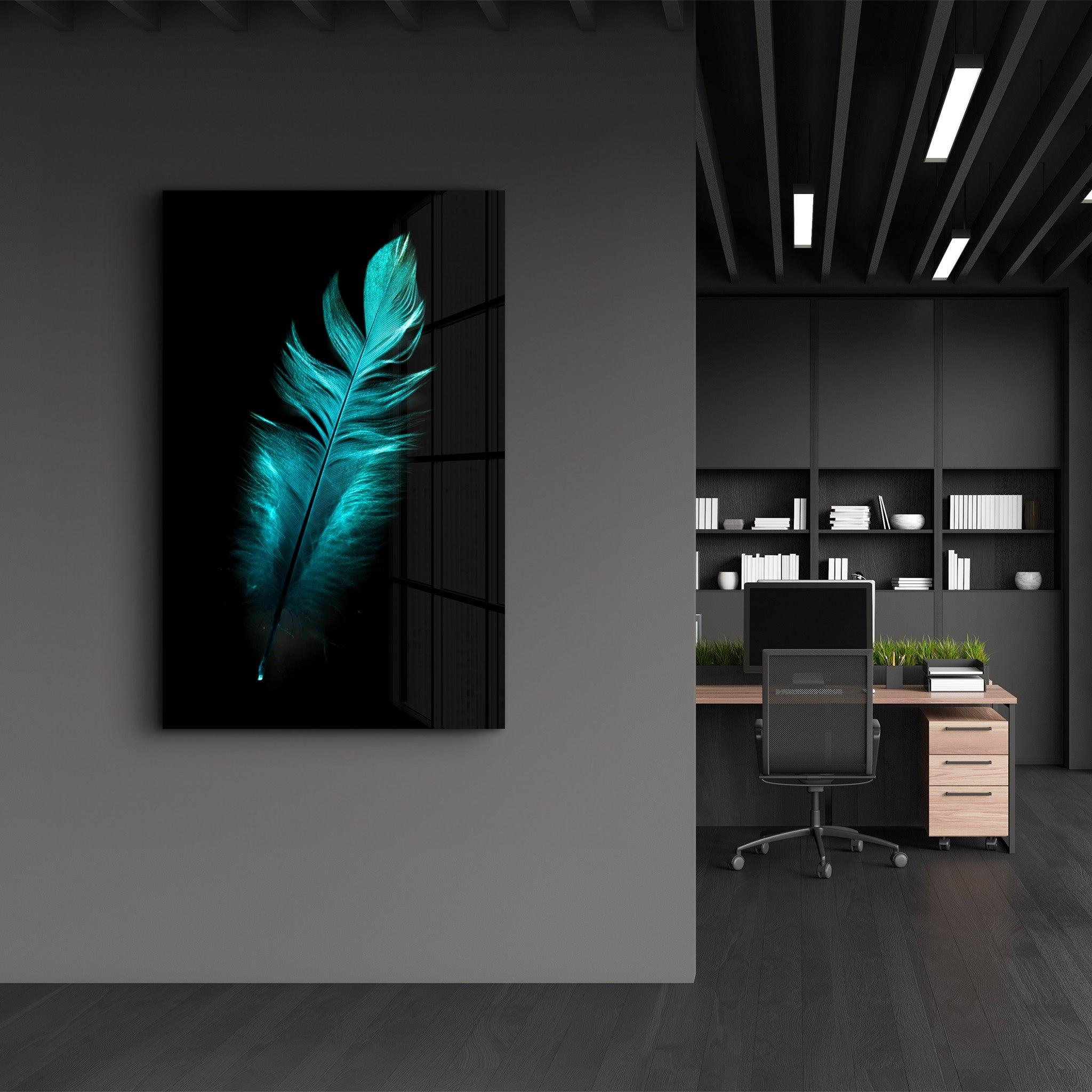 Green Feather | Glass Wall Art - Artdesigna