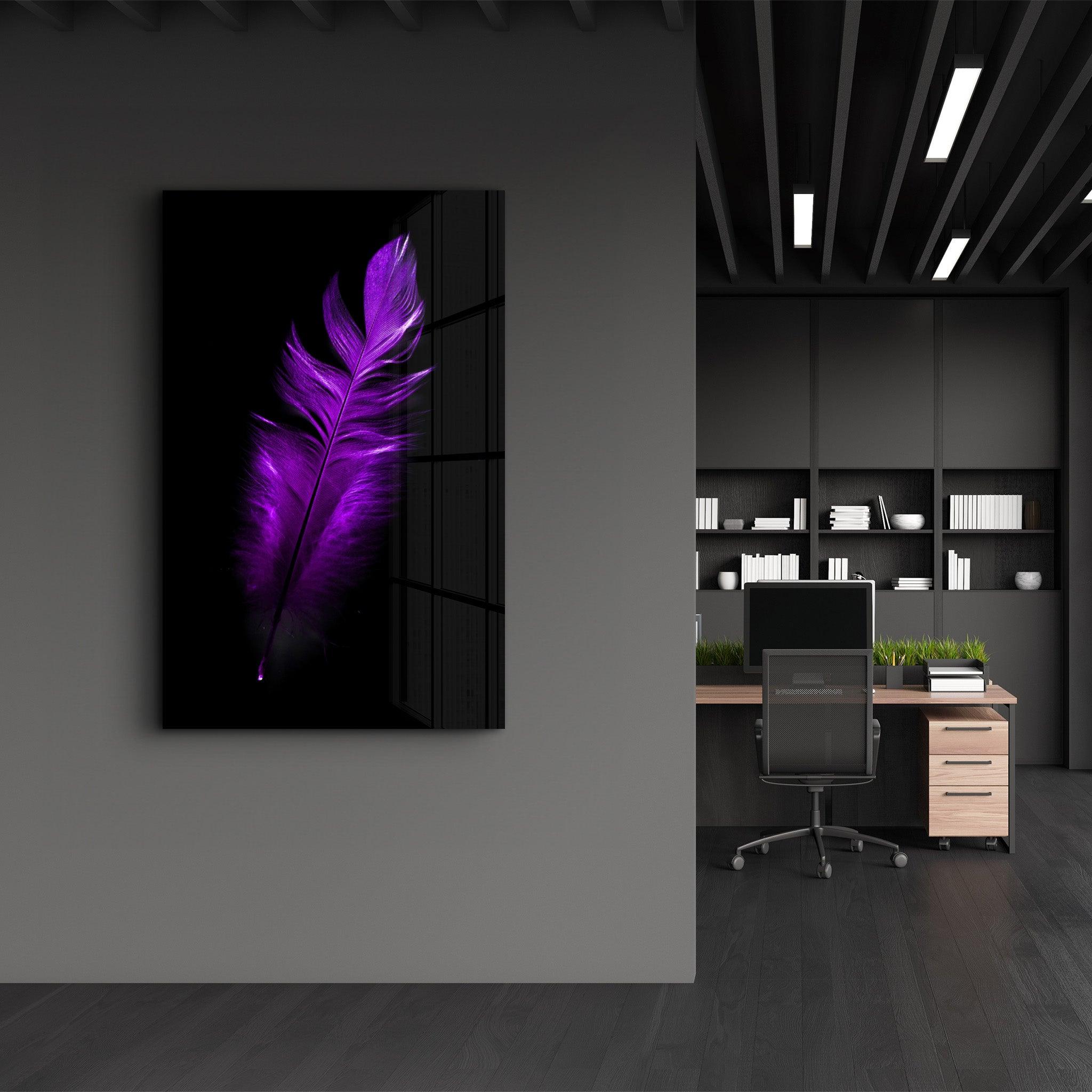 Purple Feather | Glass Wall Art - Artdesigna