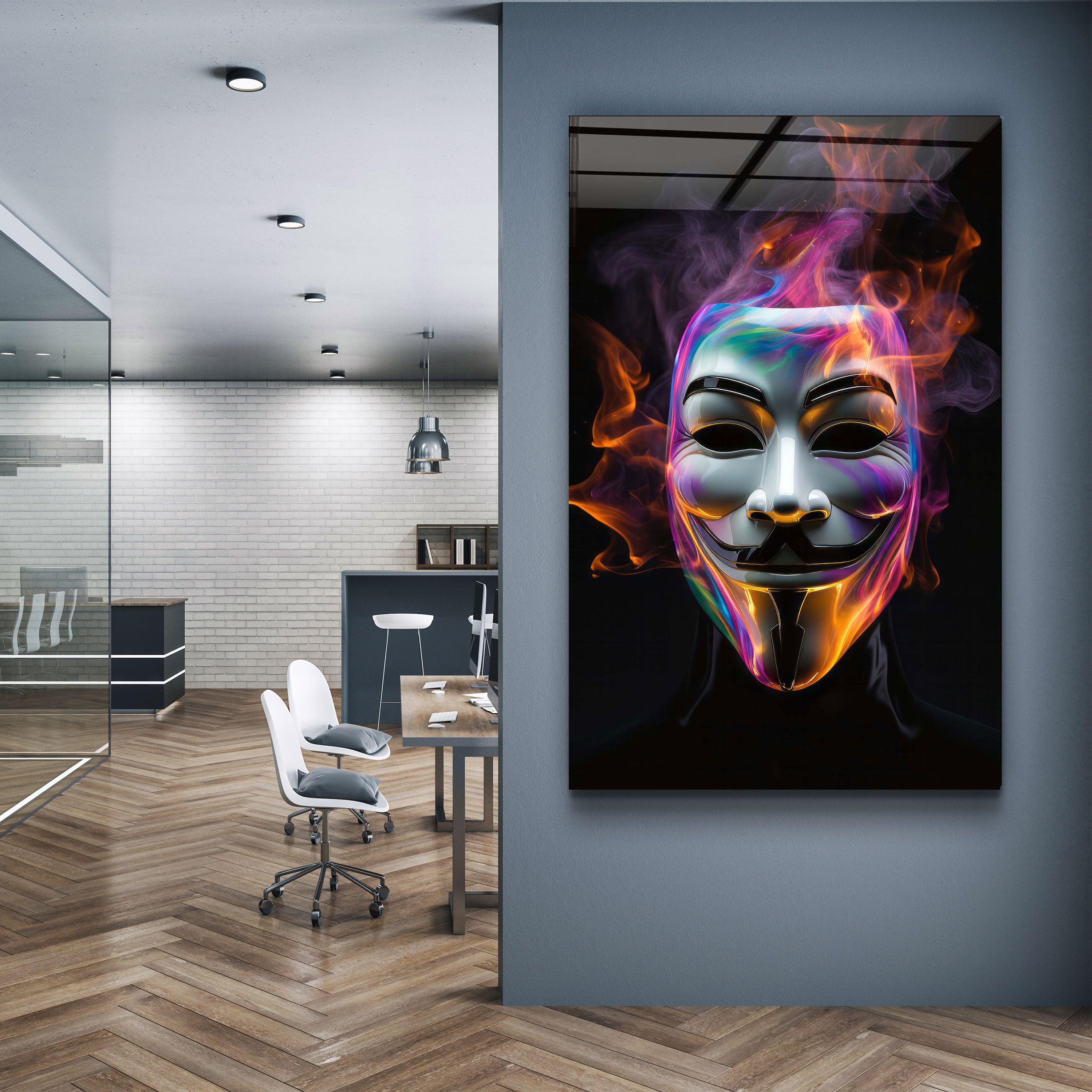 Salvador Mask with Neon Smokes | Designers Collection Glass Wall Art - Artdesigna