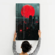 Red Moon over the City - Designers Collection Glass Wall Art - Artdesigna