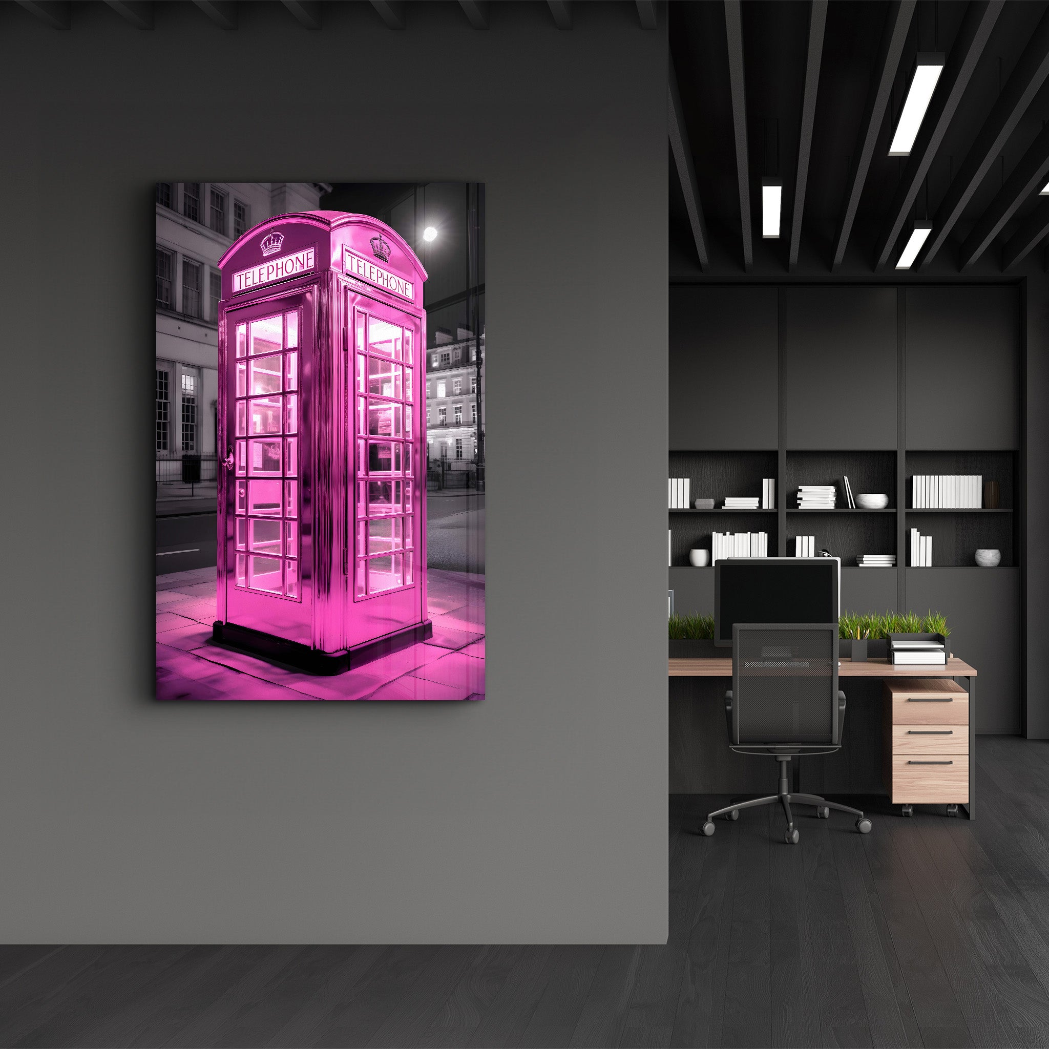 Pink Retro Telephone Booth - Glass Wall Art - Artdesigna