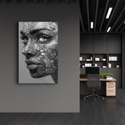 Psychedelic Floral Portrait B&W | Glass Wall Art