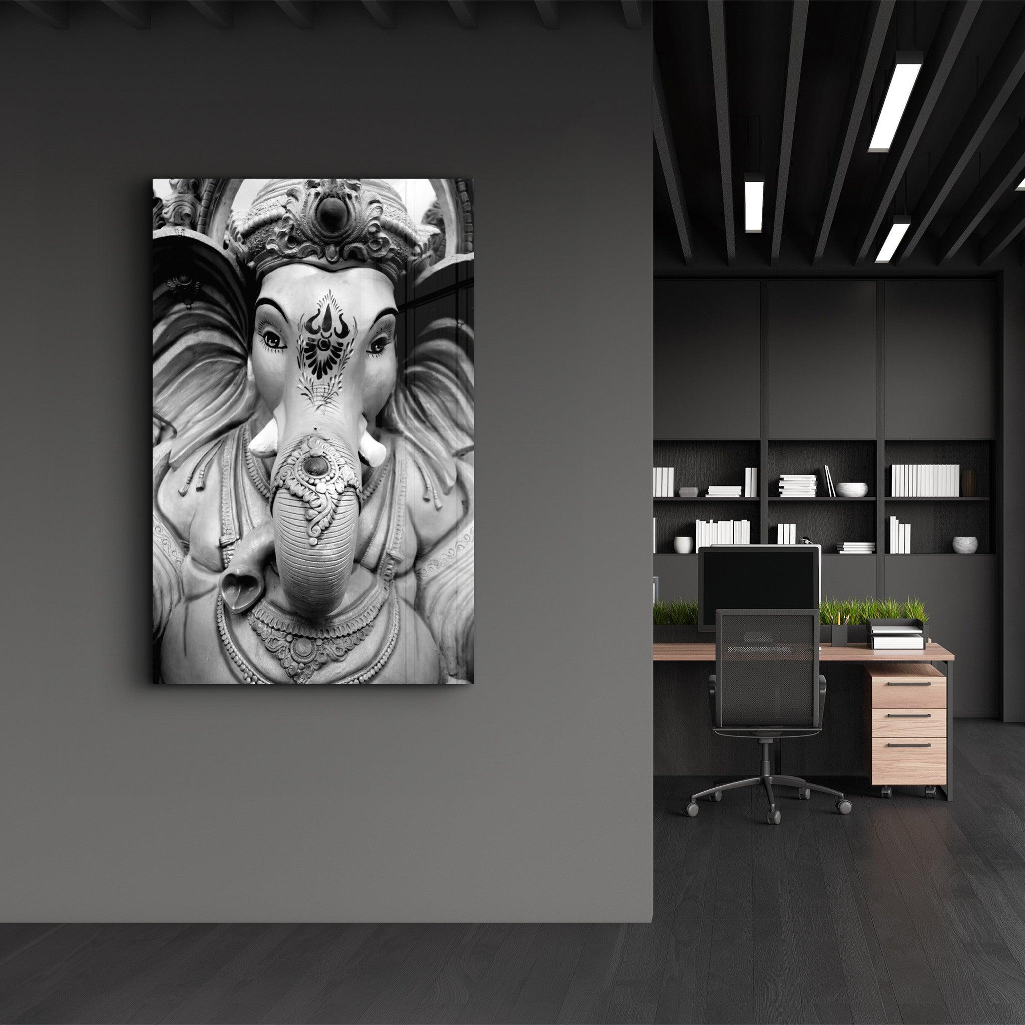 Lord Ganesh B&W Sculpture | Glass Wall Art - Artdesigna